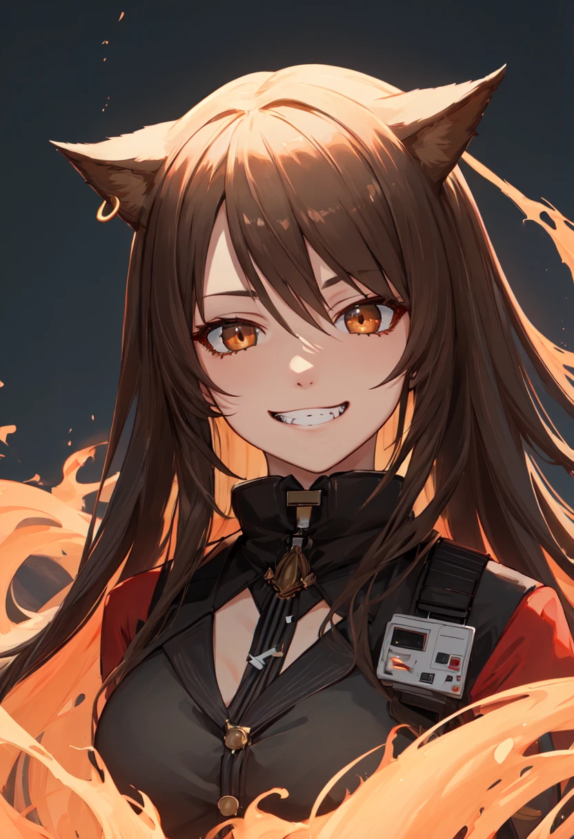 best quality, masterpiece, highres, solo, (skyfire_arknights:1.10), evil grin, evil smile, grin, portrait, looking at viewer, 34 <lora:skyfire_arknights:0.80>