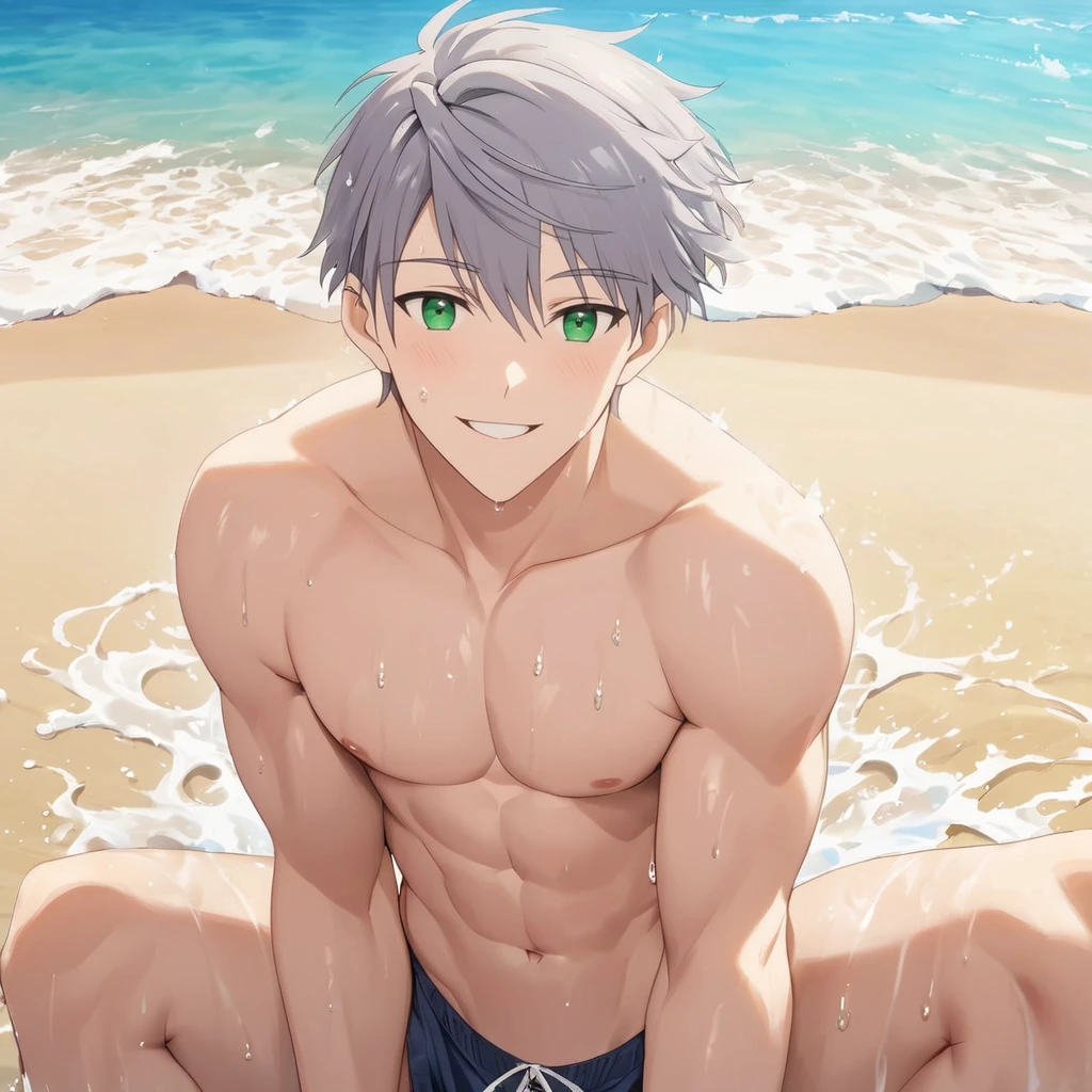 best quality,masterpiece,highres,pov,1boy,patrick,grey hair,green eyes,male focus,muscular male,pectorals,solo,smile,wet,looking at viewer,speedo,(spread legs,white skin:1.4),
beach,day,summer,teenager