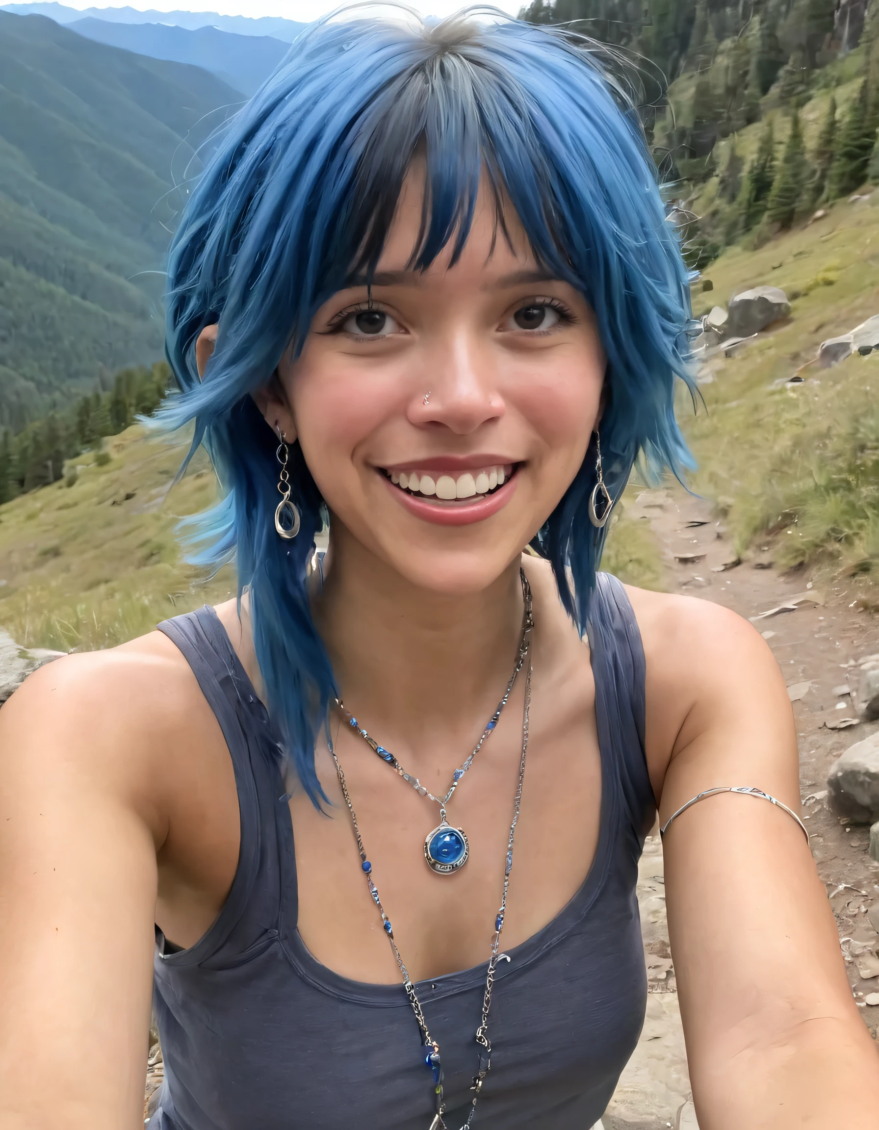 Ally Purugganan, with her blue hair flowing freely and adorned by dangling earrings, embarked on a lonesome yet spirited solo hiking adventure, the sun shining brightly upon the majestic vista she was capturing in her heart, each step revealing a contagious smile that lingered in the crisp mountain air as her blue eyes beheld the necklace that encircled her wrist. <lora:vltvis18e8546c26ege8:1>