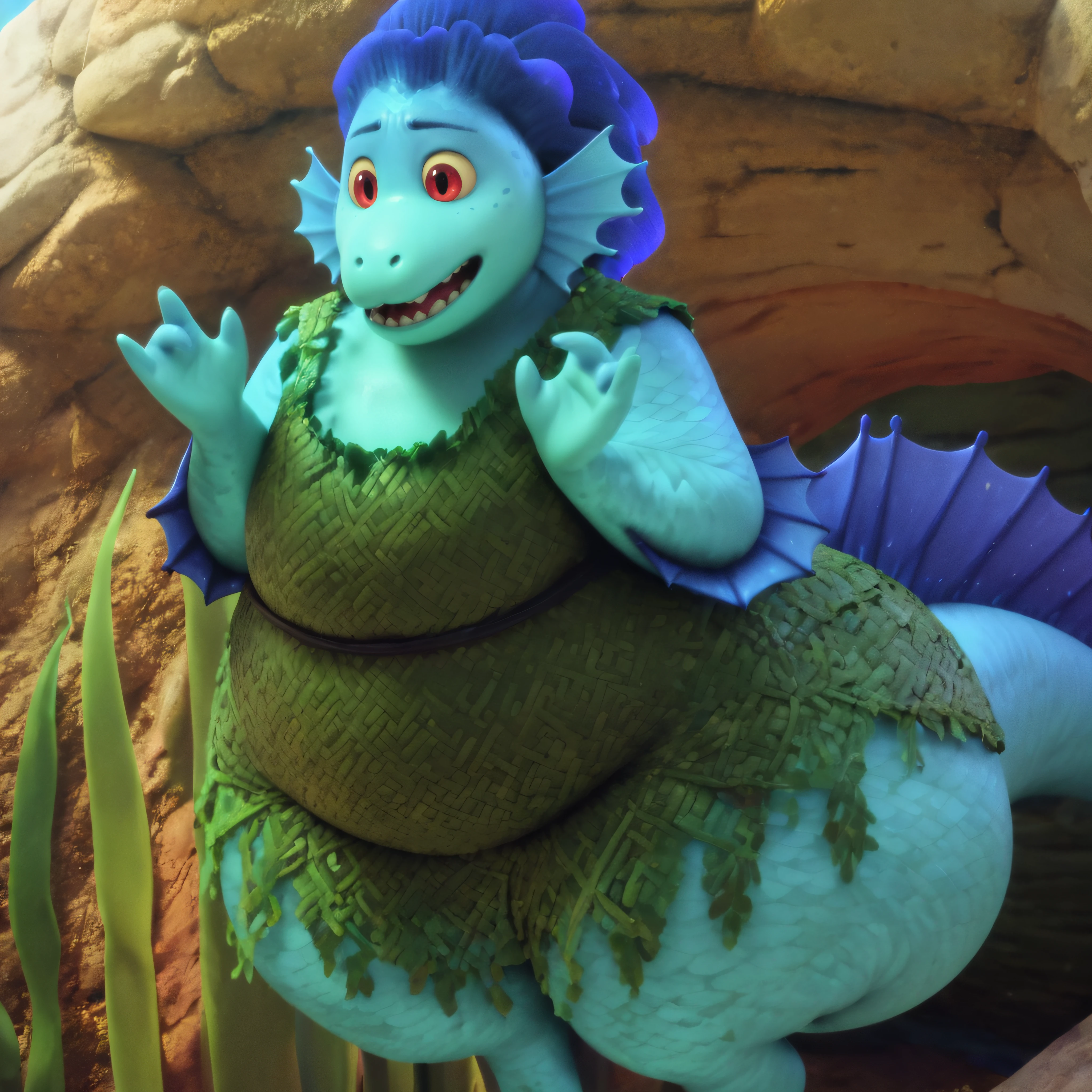 score_9,score_8_up,score_7_up,score_6_up,score_5_up,score_4_up,best quality,masterpiece,plump,overweight,female,sea monster,green dress made with seaweed,gigantic ass,blue hair as fins,blue and greenish scales,gigantic ass,thick thighs,source_3D,<lora:Daniela PaguroXL:0.75>,<lora:jumbovenusXL-vp2-WT:1>,pose,hands