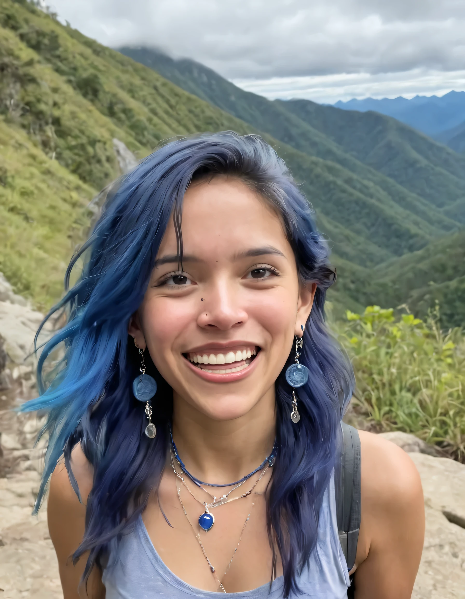 Ally Purugganan, sporting her distinct blue-hued locks, embarked on a thrilling solo adventure along a breathtaking hiking trail, as she paused to look directly into the camera with an infectious grin adorned by earrings and necklace, capturing both the picturesque landscape and her contagious enthusiasm for life. <lora:vltvis18e8546c26ege8:1>