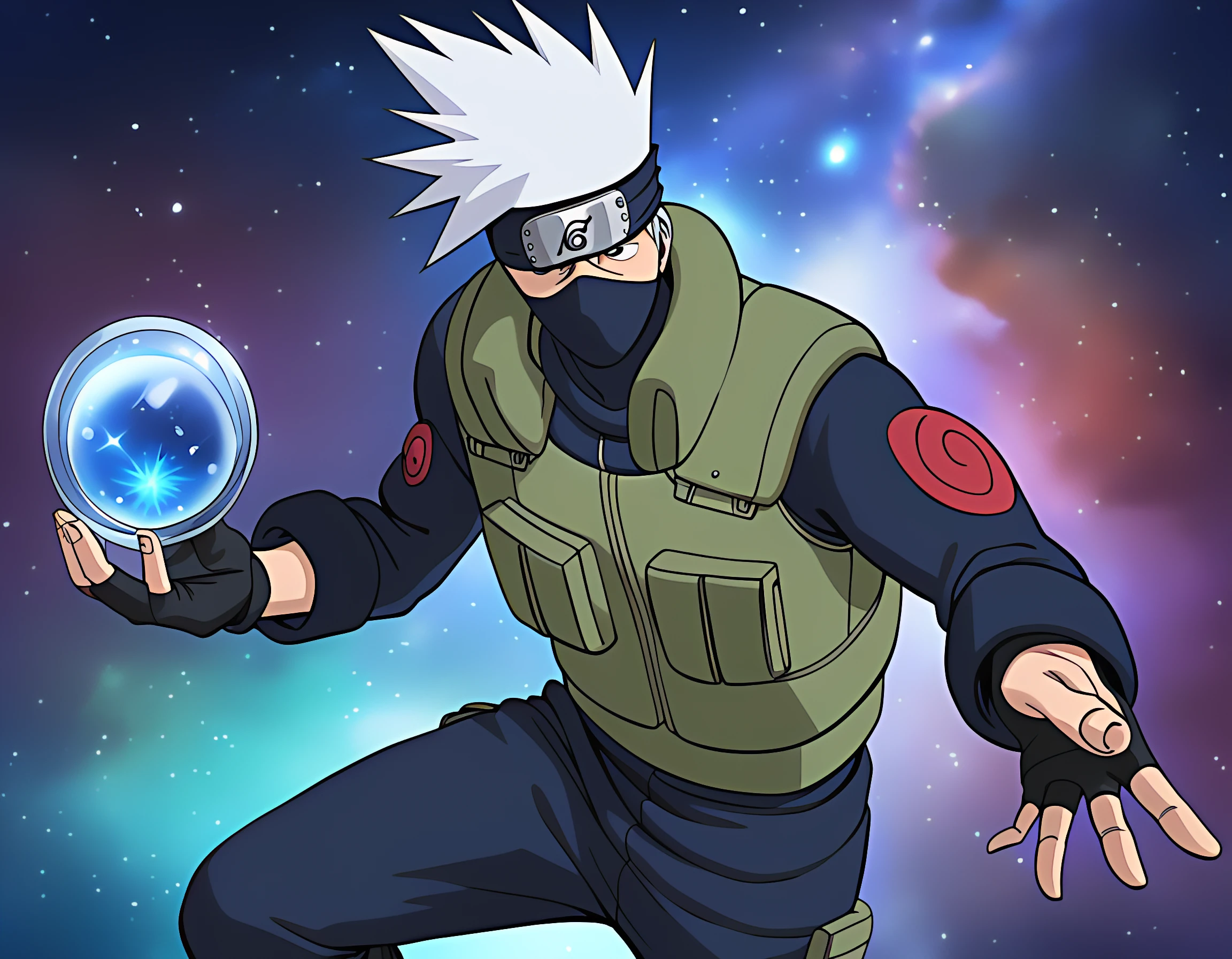 masterpice, best quality,kakashi,solo,long sleeves,1boy,inspired expression,,jacket,white hair,male focus,black gloves,pants,fingerless gloves,black eyes,vest,mask,spiked hair, art by homare (fool's art),mouth mask,forehead protector,ninja, detailedgoing to a farmers' market,,mushroom grove background,nebula,elixir