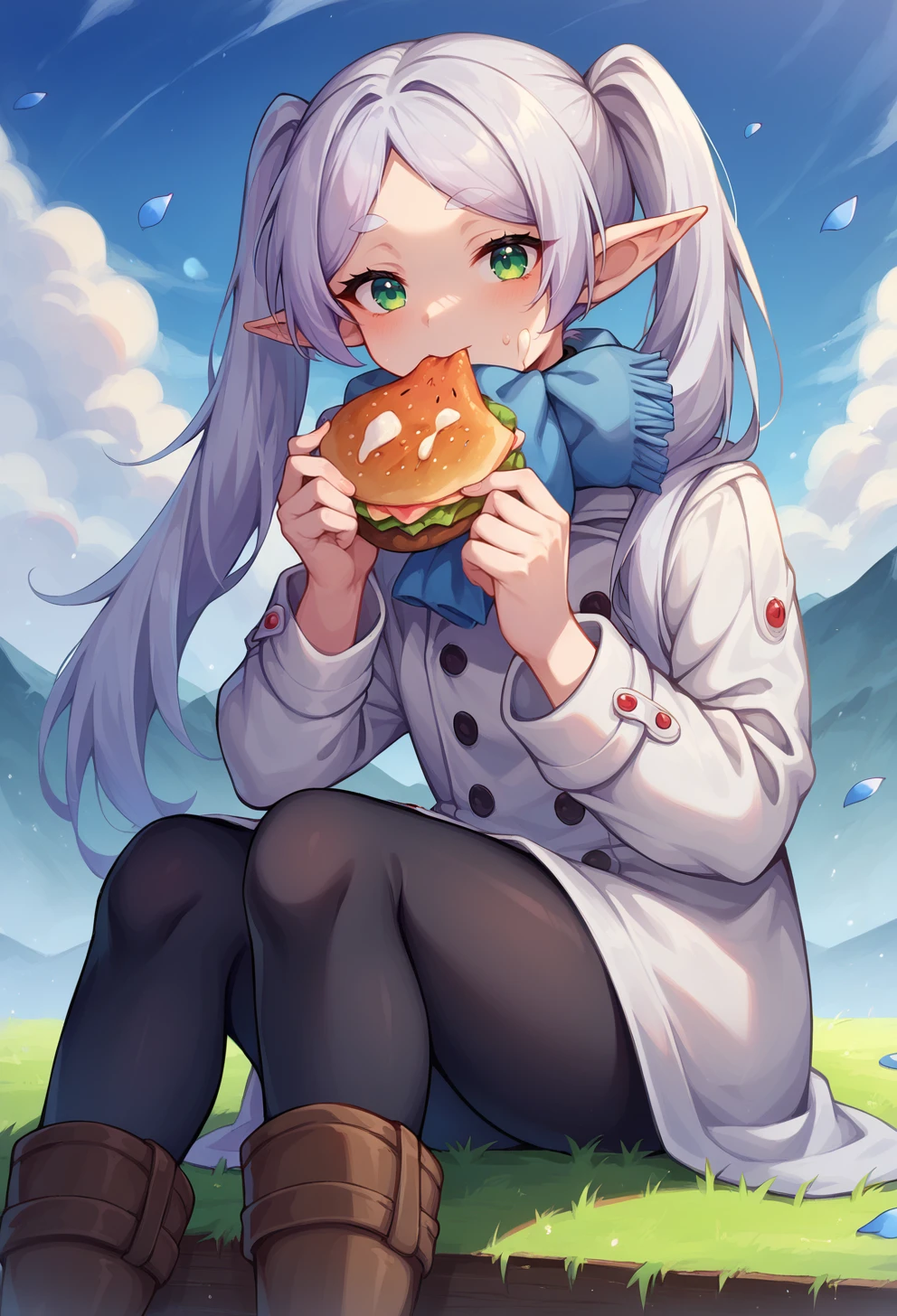 <lora:frieren_nereirfpnxl_pony_v2:1> score_9, score_8_up, score_7_up, score_6_up, BREAK
source anime, nereirfpnxl, frieren, 1girl, food, solo, green eyes, sitting, outdoors, white coat, pointy ears, blue scarf, long hair, holding, food, black pantyhose, grass, eating, boots, food on face, looking at viewer, cloud, sky, brown footwear, day, white hair, elf, long sleeves, buttons, thick eyebrows, twintails, mountain, petals, grey hair, winter clothes