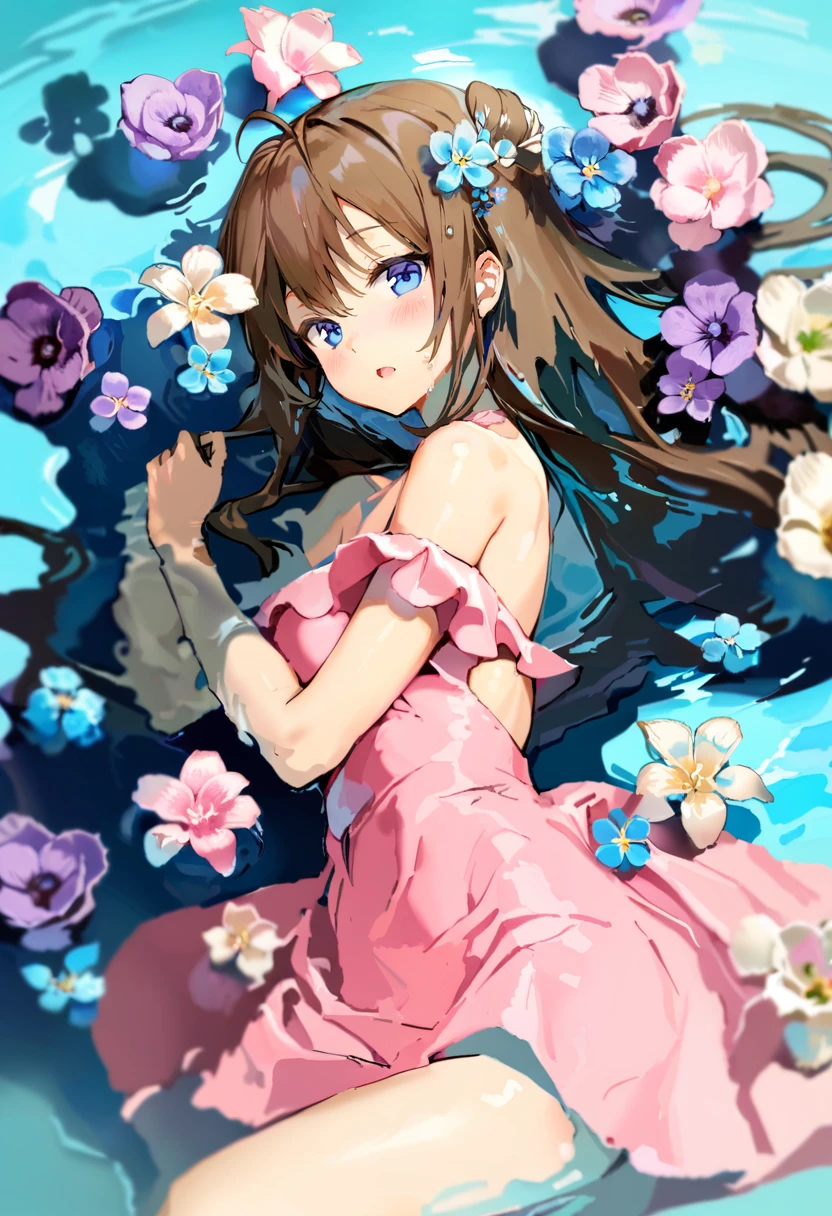masterpiece, best quality, <lora:anmiXL_ANI31_lokr_V2233:0.95> 1girl, solo, flower, dress, blue eyes, looking at viewer, brown hair, hair flower, pink flower, hair ornament, pink dress, long hair, lying, water, on side, open mouth, blush, bare shoulders, blue flower, bangs, ahoge, white flower, purple flower, cowboy shot
