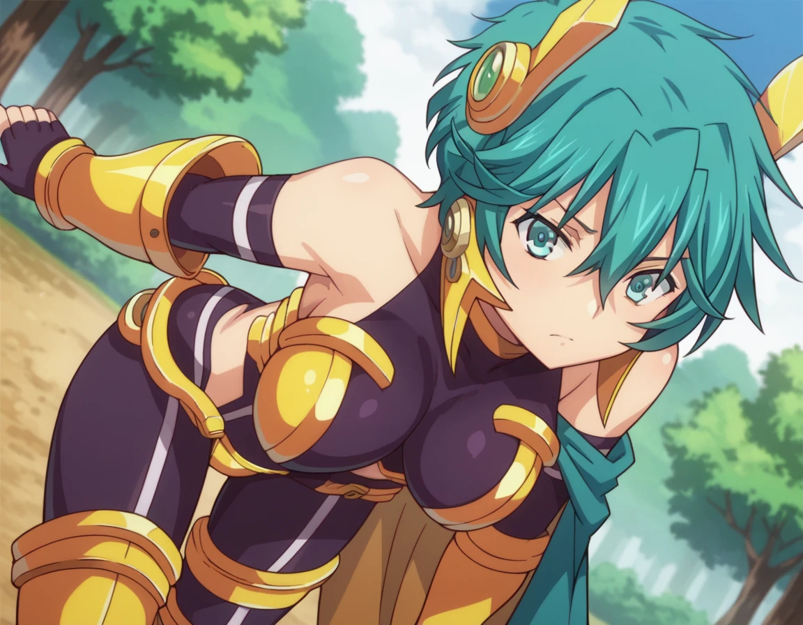 score_9, score_8_up, score_7_up, source_anime,
yulangmirage, <lora:yulang-mirage-ponyxl-lora-nochekaiser:1>
yulang mirage, short hair, aqua eyes, aqua hair, hair between eyes,
gloves, bare shoulders, elbow gloves, fingerless gloves, cape, armor, headgear, gold armor,
outdoors, forest, bent over,
looking at viewer, dutch angle, cowboy shot