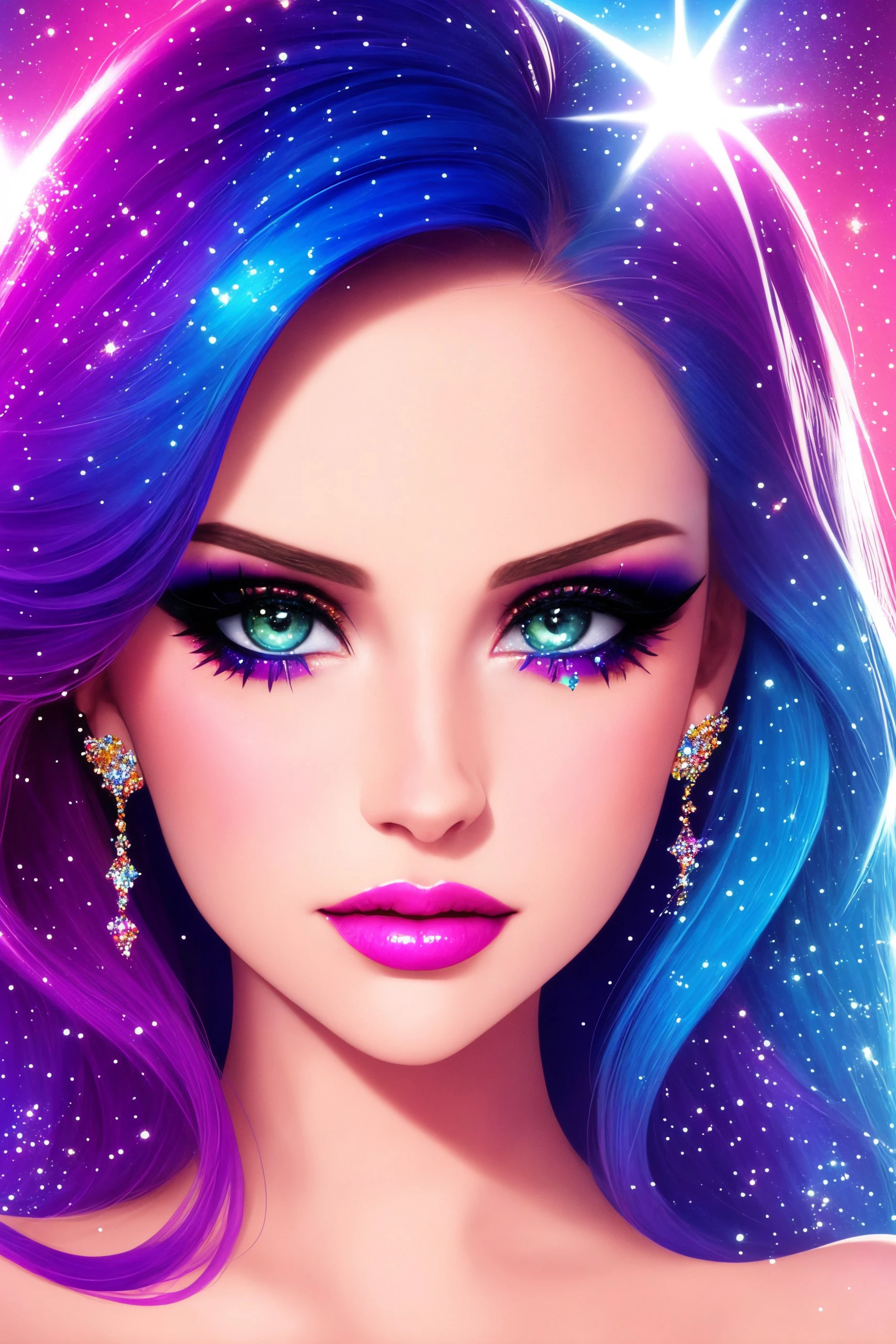 beautiful woman face, closeup, colorful makeup, sparkles, glitter, high contrast,
([Ni(:0)na( :0)Dobrev|Lana( :0)Del( :0)Rey]:0.9)
 highres, high quality, high resolution, hd, 4k, masterpiece,
realistic skin, doll, shinny skin, profile,
[(colorful explosion psychedelic paint colors:1.2)::0.20]