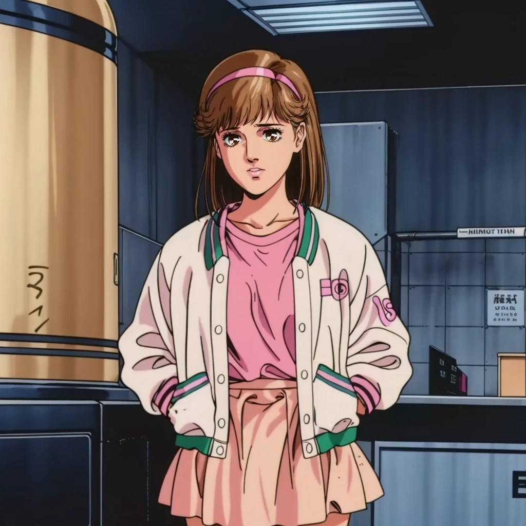 <lora:MZ2TakanakaYui001:0.7>,
MZ2TakanakaYui,1girl,brown hair,brown eyes,retro artstyle,1980s (style),
hair band,
pink shirt,white jacket,
check pattern skirt,