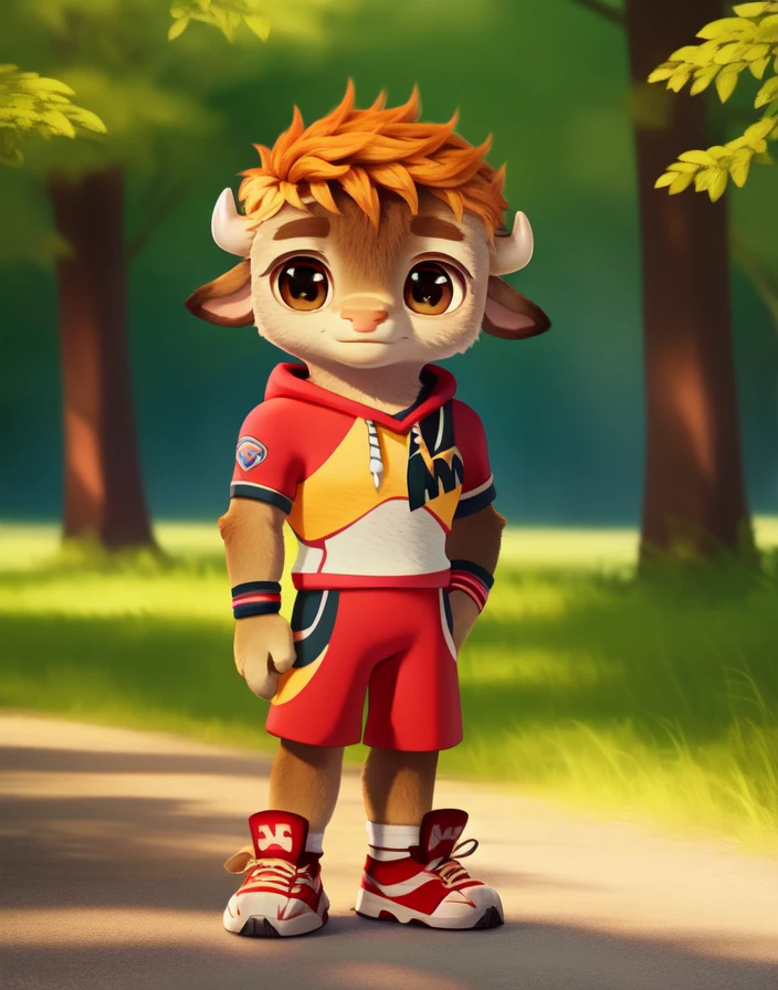 <lora:RonBisonCartoonYif:0.9>    RonBisonCartoon,    red hair, brown eyes, red sports sweatshirt, black and red fitness bracelet, red sneakers with white soles,
 solo,   looking at viewer, hands on hips
(beautiful, aesthetic, perfect, delicate, intricate, masterpiece, )  textured fur, [The sun is shining, nature, forest, river, trees, grass, road, sky with clouds,]  
by asnnonaka, by reysi, by ikiki  by silverfox5213,