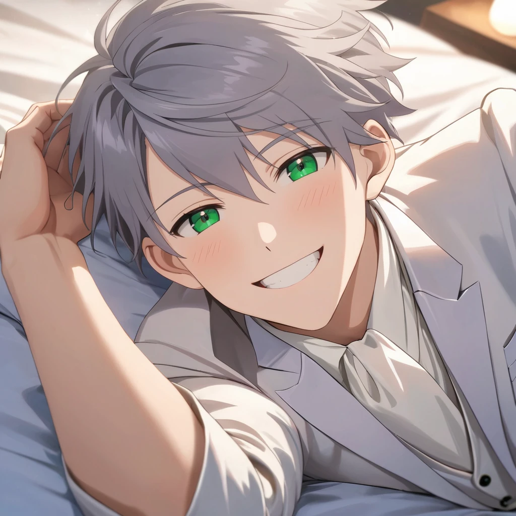 best quality,masterpiece,highres,8k,pov,1boy,solo,patrick,grey hair,green eyes,male focus,closed mouth,seductive smile,looking at viewer,white suit,on back,lying,blush,high five,smile,armpit,thight,teeth
on bed,bed sheet,night,teenager,natural lighting,illustration