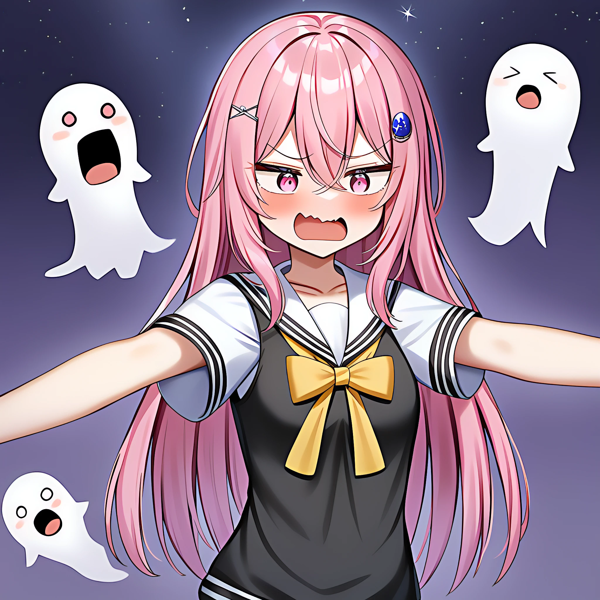 masterpice, best quality,nsjn,1girl,solo,long hair,bangs,shirt,exasperated expression,hair ornament,bow,hair between eyes,collarbone,white shirt,pink hair,short sleeves,pink eyes,sailor collar,yellow bow, art by minato_ojitan and chanta (ayatakaoisii)sweater vest,black vest,holding hairhaving a ghostly puppet workshop,,jubilant croquet game background,space travelers coping with isolation and space madness,devour