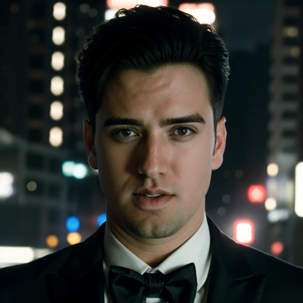 face portrait of loganhenderson person using a tuxedo, in blade runner, professional photography, high resolution, 4k, detailed photo, <lora:loganhenderson_38700:1>