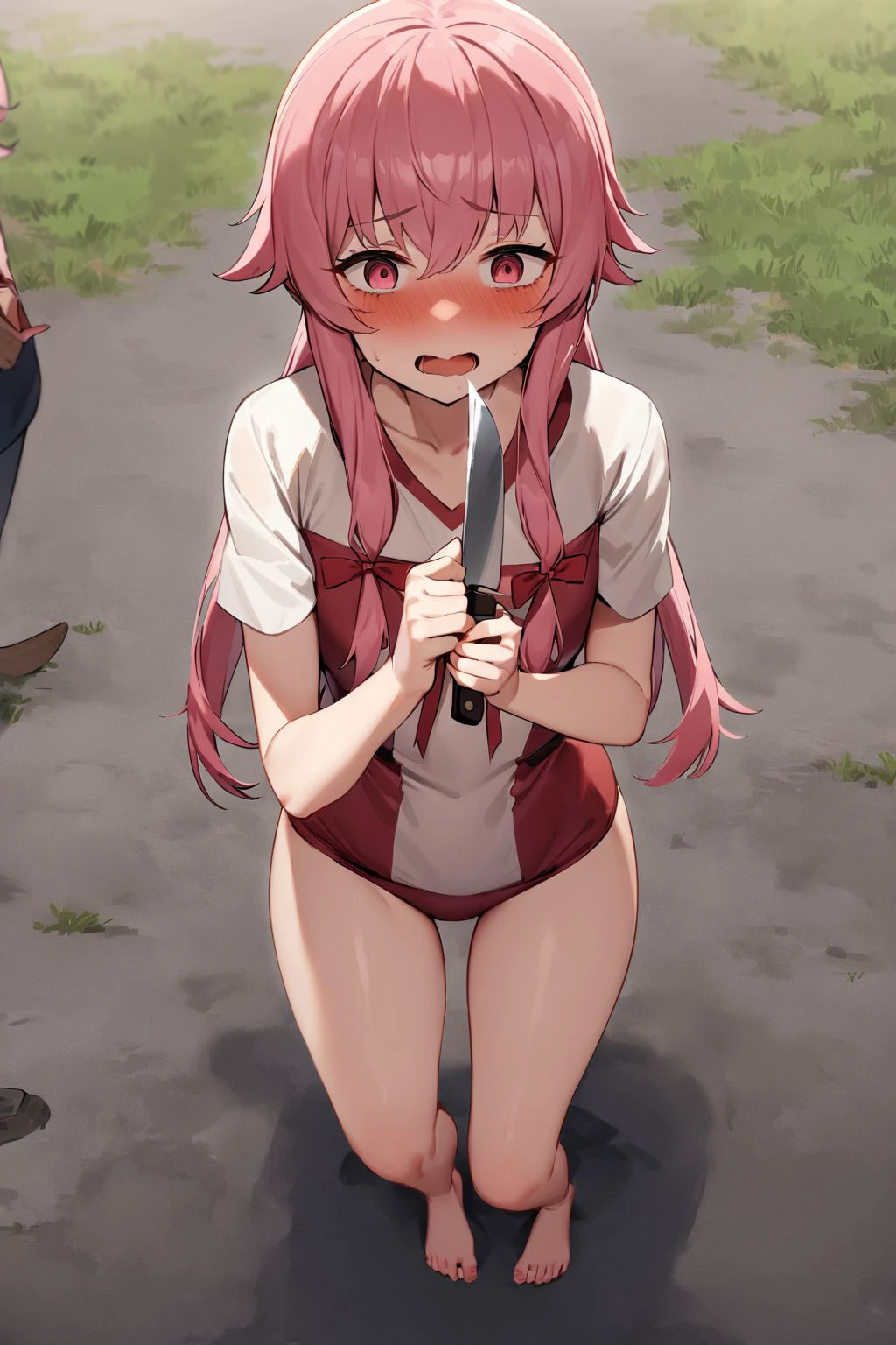 gasai_yuno,yandere,holding_knife,<lora:gasai_yuno XL-000007:1>,female_orgasm,, Standing on the ground,frontal,front view,Positive por,masterpiece,best quality,very aesthetic,absurdres