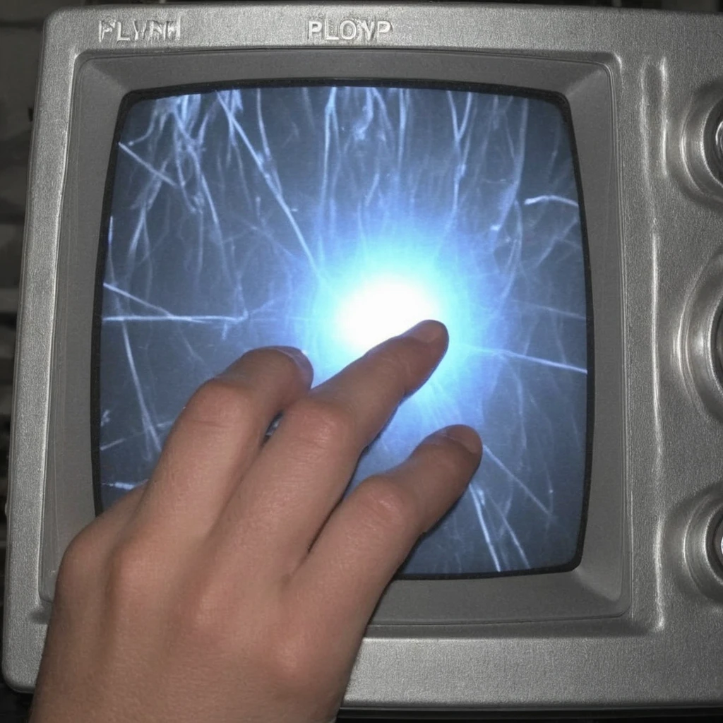 <lora:old_camera_vhs_footage_mix:1> old vhs cam recorder footage, a hand reaching out to a glowing orb, visual glitch, vhs glitch