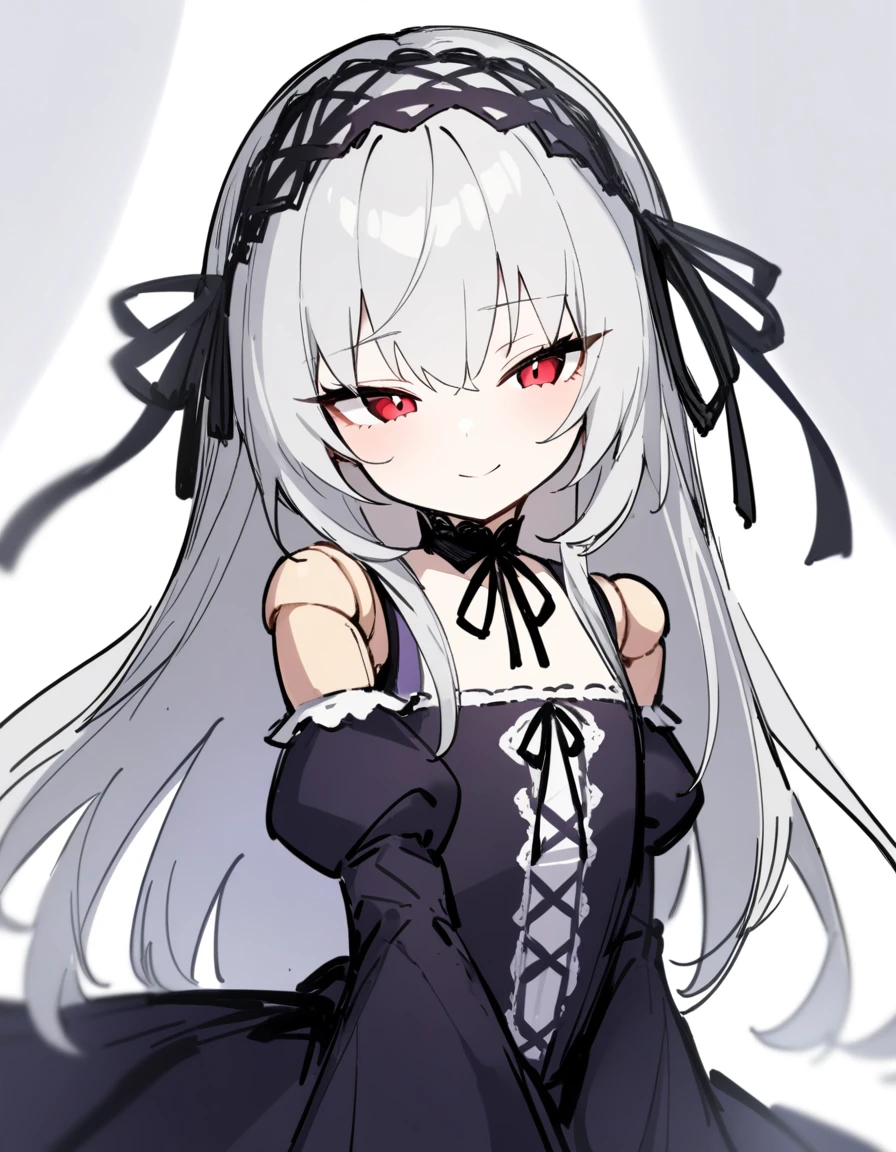 1girl, solo, suigintou, rozen maiden, sketch,
long hair, silver hair, red eyes, flat chest, doll joints, seductive smile, dress, hairband,
white background,
masterpiece, best quality, very aesthetic, absurdres,