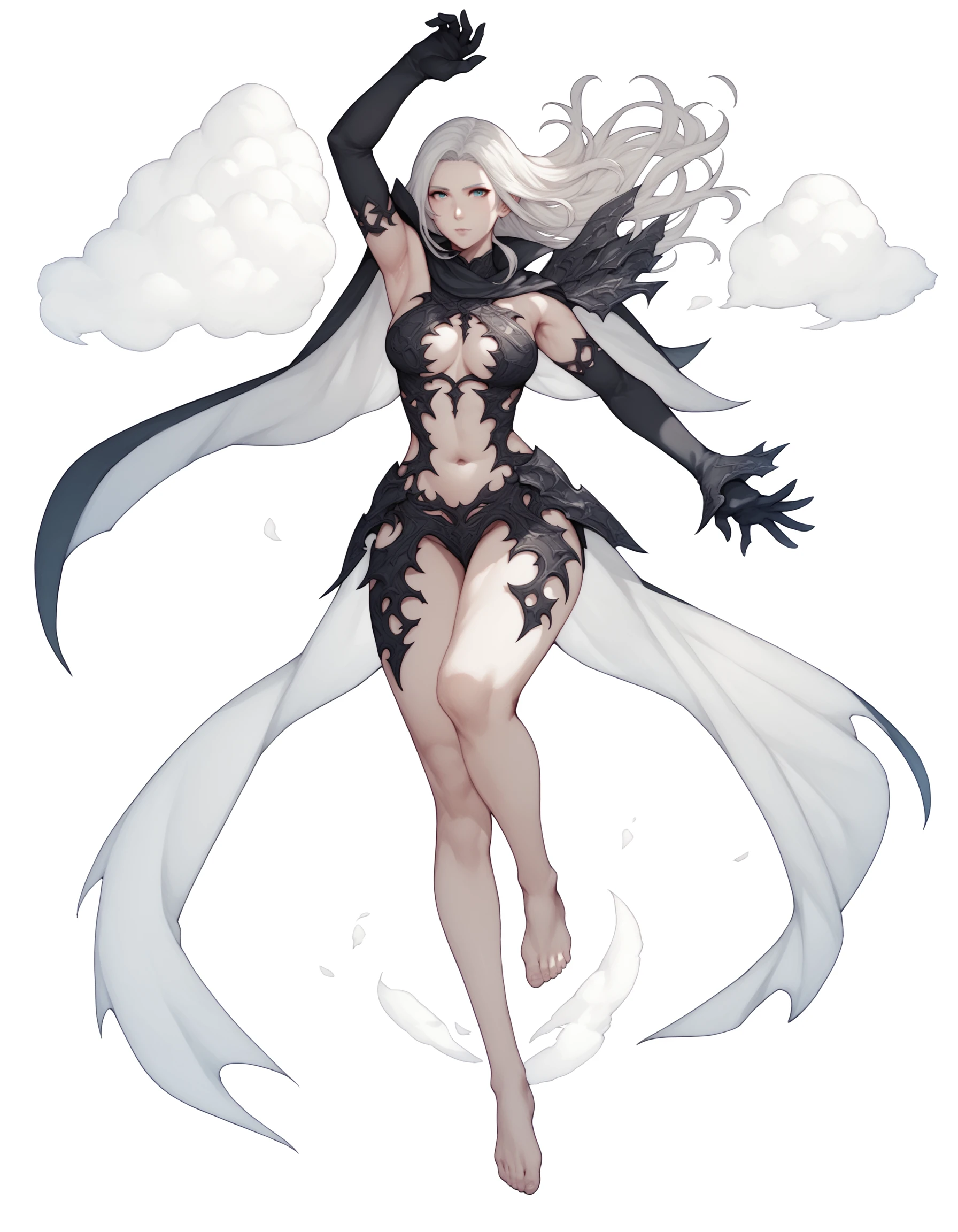 score_9_up, score_8_up, score_7_up, score_6_up, Final Fantasy Games Style, 1girl, solo, long hair, large breasts, gloves, white background, navel, medium breasts, barefoot, elbow gloves, armpits, cape, revealing clothes, Cloud of Darkness, FFXIV, <lora:FF-InspoXL:1>