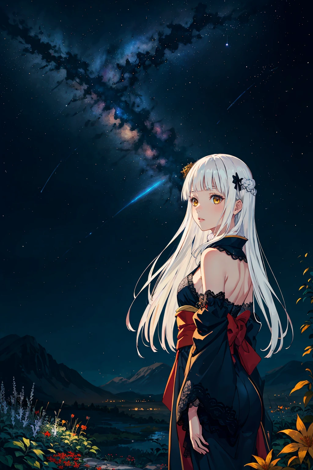 1girl, hazel yellow eyes, white hair, long hair, hime cut, blunt bangs, flat chest, huge ass, black kimono, detached sleeves, lace elbow gloves, garden, night, starry sky, nebula, meteor shower, from side