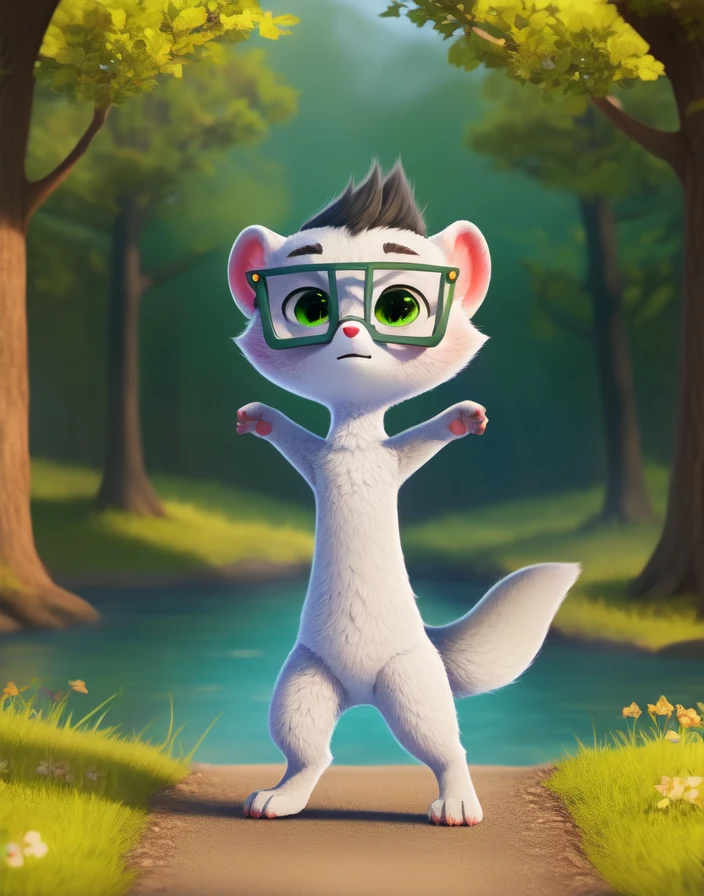  <lora:GoshaWeaselCartoonYif:1>    GoshaWeaselCartoon,     solo,   looking at viewer,   ilver fur, green eyes, Weasel, square dark green glasses, Nude, fighting stance
(beautiful, aesthetic, perfect, delicate, intricate, masterpiece, )  textured fur, [The sun is shining, nature, forest, river, trees, grass, road, sky with clouds,]  
by asnnonaka, by reysi, by ikiki  by silverfox5213,