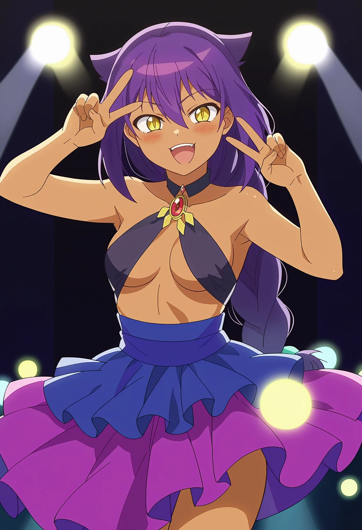 score_9, score_8_up, <lora:TheGreatJahySamaXL_Exotica:1>, 1girl, solo, very long purple hair, medium breasts, hair between eyes, yellow eyes, single braid, sidelocks, dark skin, dark-skinned female, slit pupils, hair flaps, idol, idol clothes, blush, happy, (dark stage, stage lights, dark environment), v, peace sign, standing, cowboy shot, anime screencap, anime coloring, source_anime