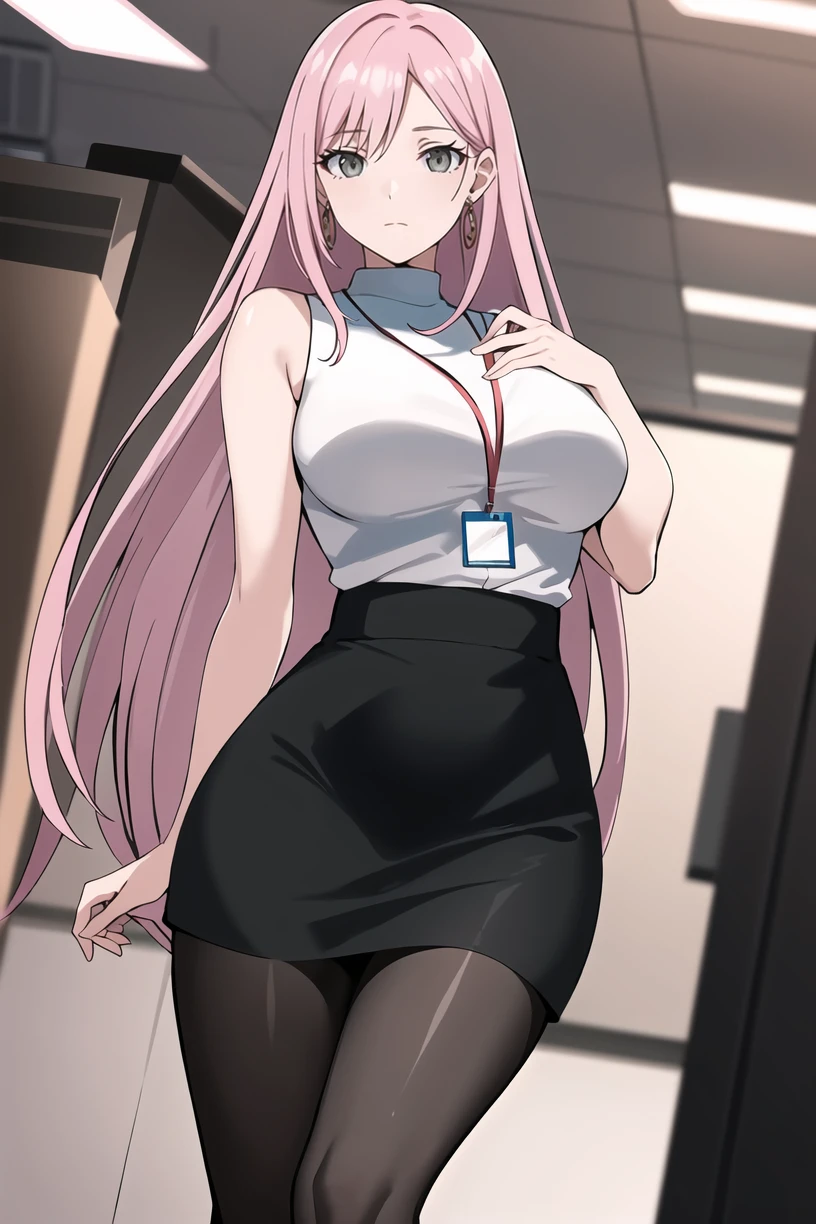 best quality,masterpiece,looking at viewer,absurdres,1girl,
depth of field,<lora:017-å¤©ä¸å¤©ä¸-äºåéç»ç¾V1-000018:0.7>,isuzu emi,pink hair,drill hair,long hair,blue eyes,breasts,large breasts,earrings,black high-waist skirt,jewelry,lanyard,large breasts,sleeveless,sweater,white sweater,turtle neck,office lady,thighs,black pantyhose,office,,