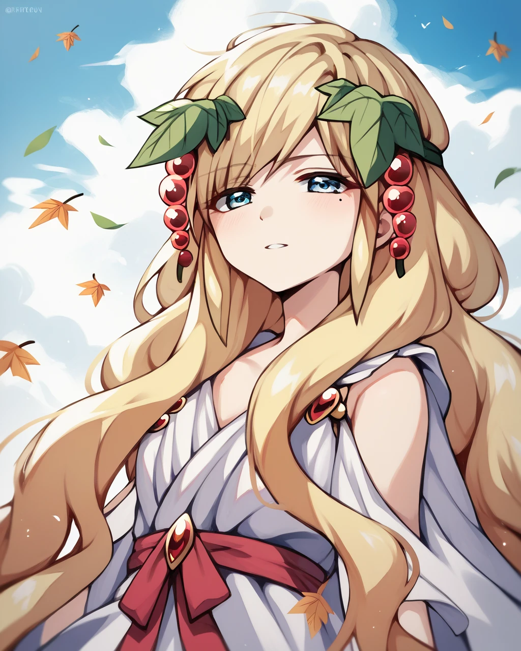 score_9, score_8_up, score_7_up, score_6_up, score_5_up, score_4_up, BREAK source_anime,
<lora:Scheherazade_PONY:1>,scheherazade, 1girl, solo,blue eyes,long hair, blonde hair,leaf,hair ornament, mole under eye,robe, ribbon,white dress,