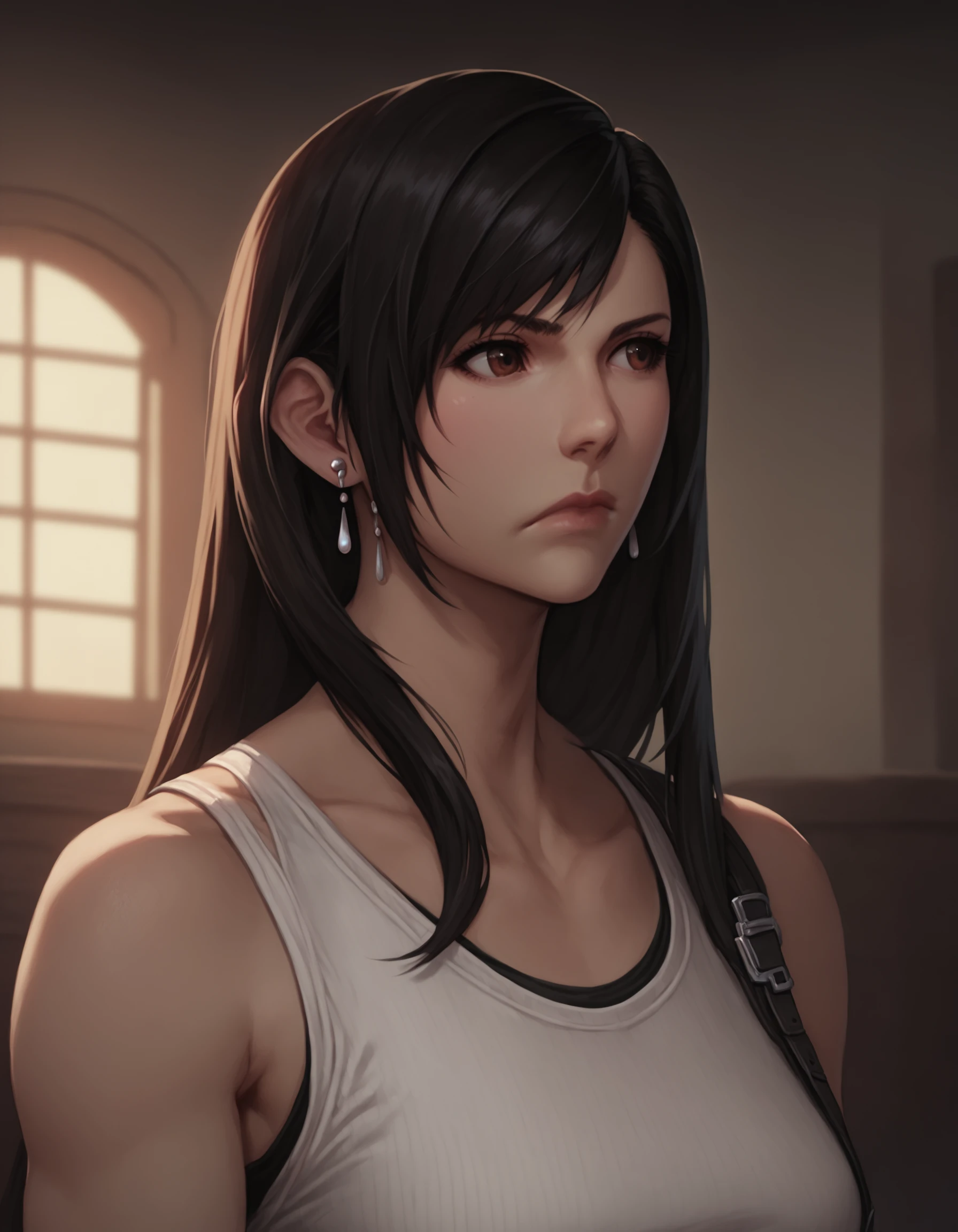 score_9_up, score_8_up, score_7_up, score_6_up, Final Fantasy Games Style, Tifa Lockheart, 1girl, solo, long hair, black hair, bare shoulders, brown eyes, jewelry, closed mouth, upper body, earrings, sleeveless, indoors, lips, looking to the side, swept bangs, tank top, realistic, <lora:FF-InspoXL:1>