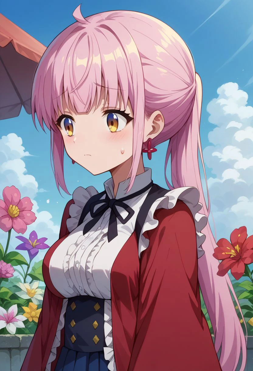 score_9_up, score_8_up, score_7_up, anime screenshot, 
kazairokotone, frills, sweatdrop, medium breasts, cloud, day, flower, collared shirt, cross earrings, wide sleeves