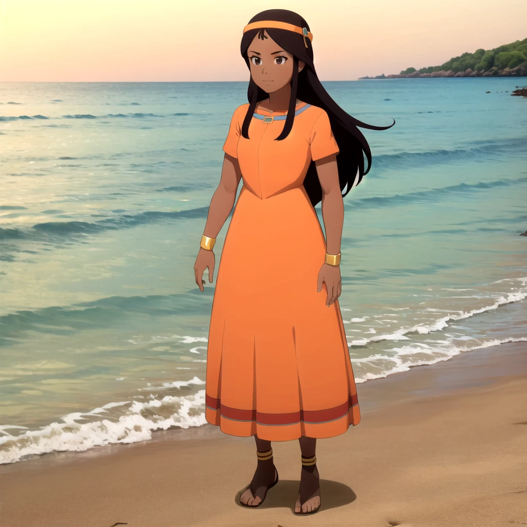 1girl , solo, Zia, dark skin, dark-skinned female, brown eyes, black hair, long hair,  orange dress,  long dress,  bracelet, short sleeves, <lora:Zia_CityOfGold_Leaf4:0.8>, full body, beach,