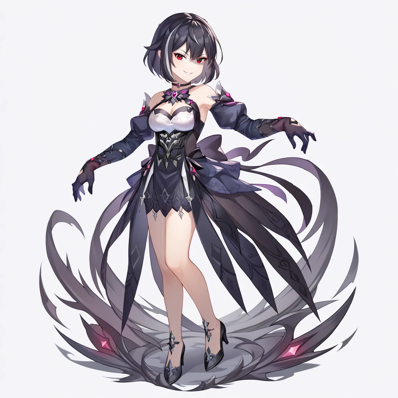 score_9, score_8_up, score_7_up, source_anime, full body, (((chibi))), solo, <lora:xerahkr-ponyxl-beta1-08:1.0>, xerahkr, short hair, streaked hair, shaded face, evil smile, short black dress, choker, purple gemstone, see-through, black sleeves, detached sleeves, puffy sleeves, black gloves, black footwear, high heels, white background, simple background, cleavage, looking at viewer,