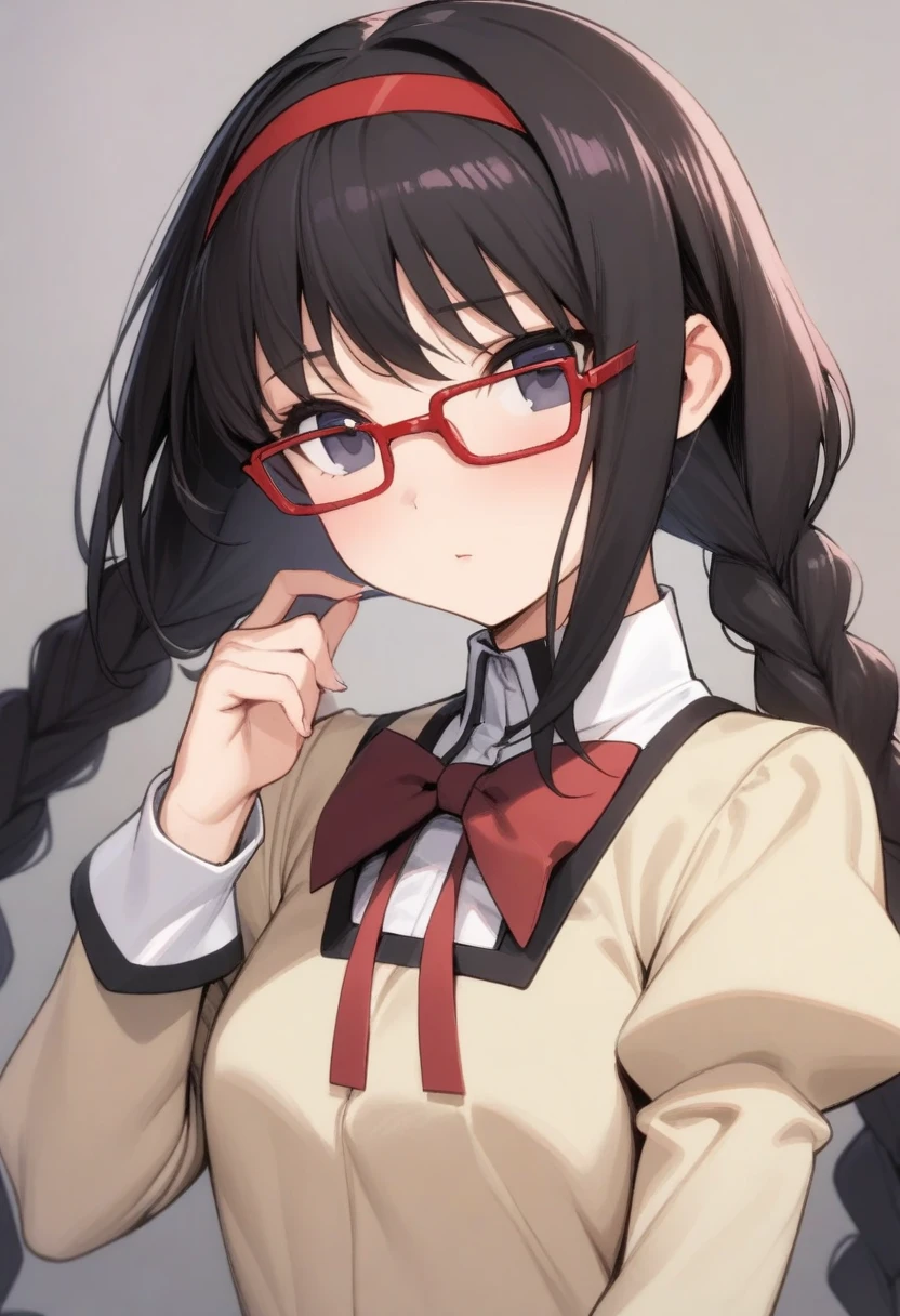 masterpiece,best quality,very aesthetic,absurdres,<lora:akemi_homura:1>,1girl,solo,akemi_homura,black_eyes,pink_hair,black_hair,long_hair,glasses,red-framed_eyewear,twin_braids,mitakihara_school_uniform