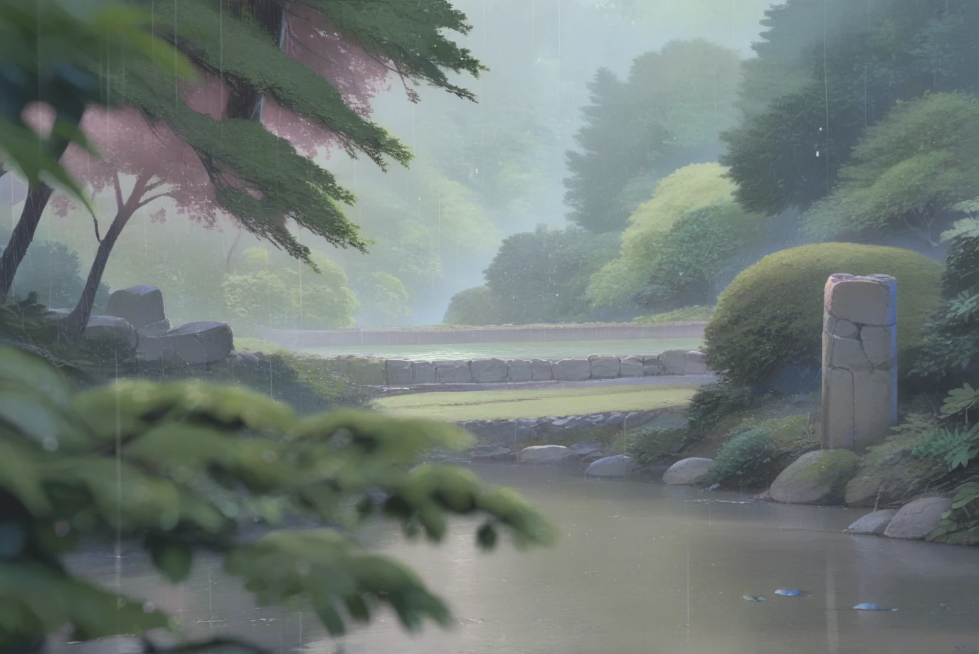 score_9, score_8_up, score_7_up, score_6_up, score_5_up, score_4_up, BREAK
<lora:KotonohaNoNiwaStyleXL-v2-08:0.7>, chopiokotonoha, no no humans,
river running through forest, trees, stone bridge, rocks, nature, depth of field, rain, ripples,