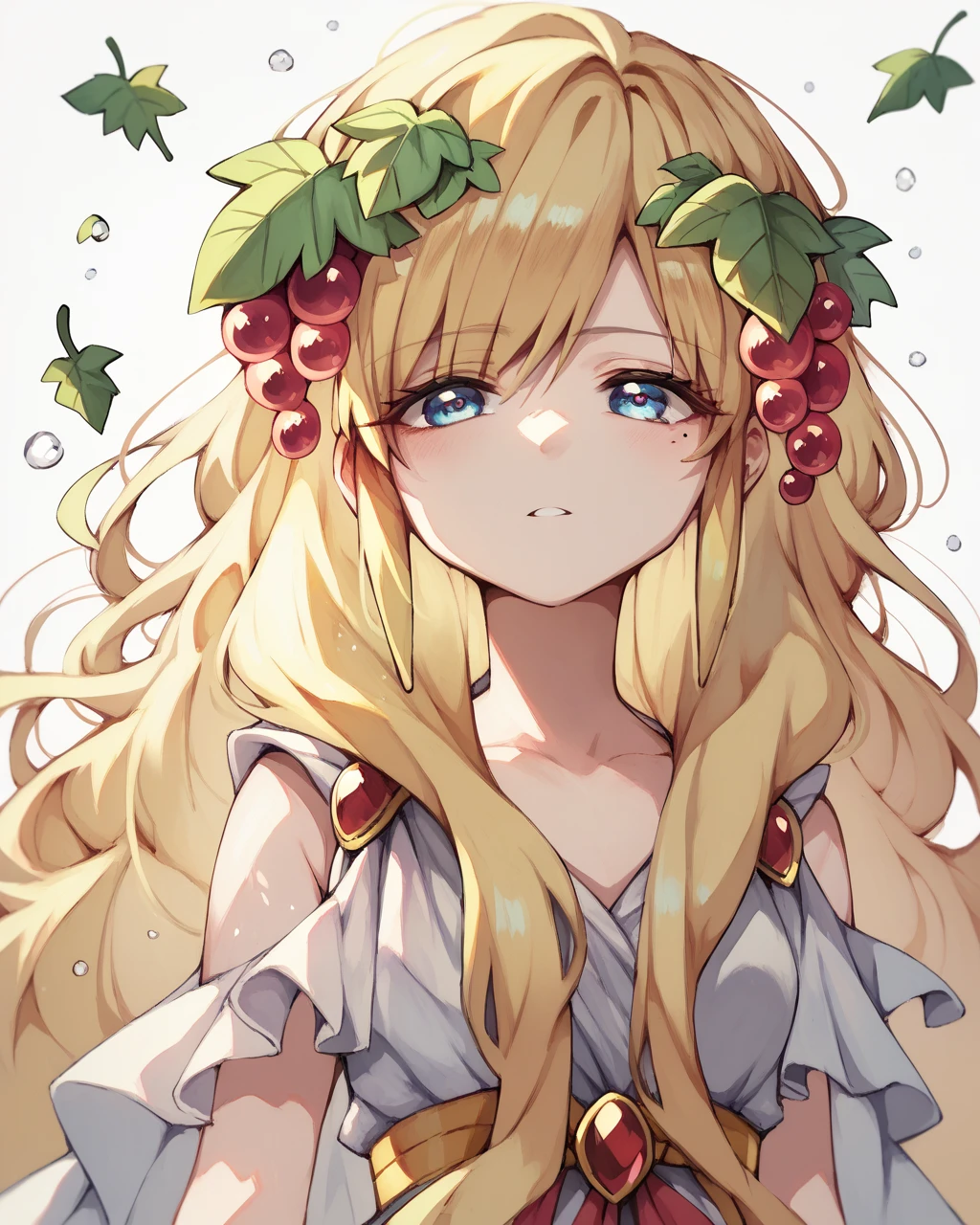 score_9, score_8_up, score_7_up,
<lora:Scheherazade_PONY:0.8>,scheherazade, 1girl, solo,blue eyes,long hair, blonde hair, hair ornament, grapes, leaf, dress, food-themed hair ornament, mole under eye,