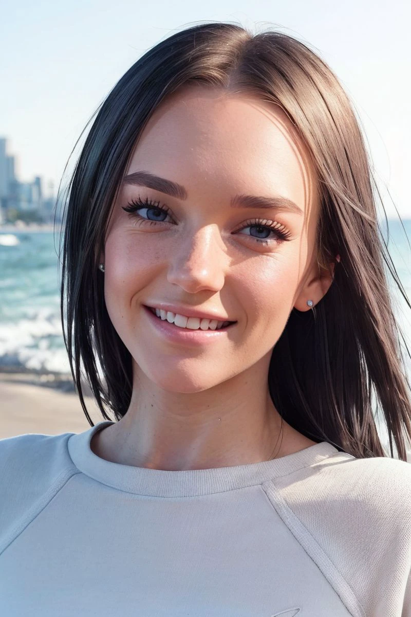 closeup headshot of S366_NicoleKopchak,an attractive woman,in front of a (seawall:1.1),wearing a (crewneck:1.1),(smiling),(4k, RAW photo, best quality, 35mm, depth of field, ultra high res:1.1),(intricate, photorealistic, cinematic-shot, masterpiece, ultra-detailed:1.1),