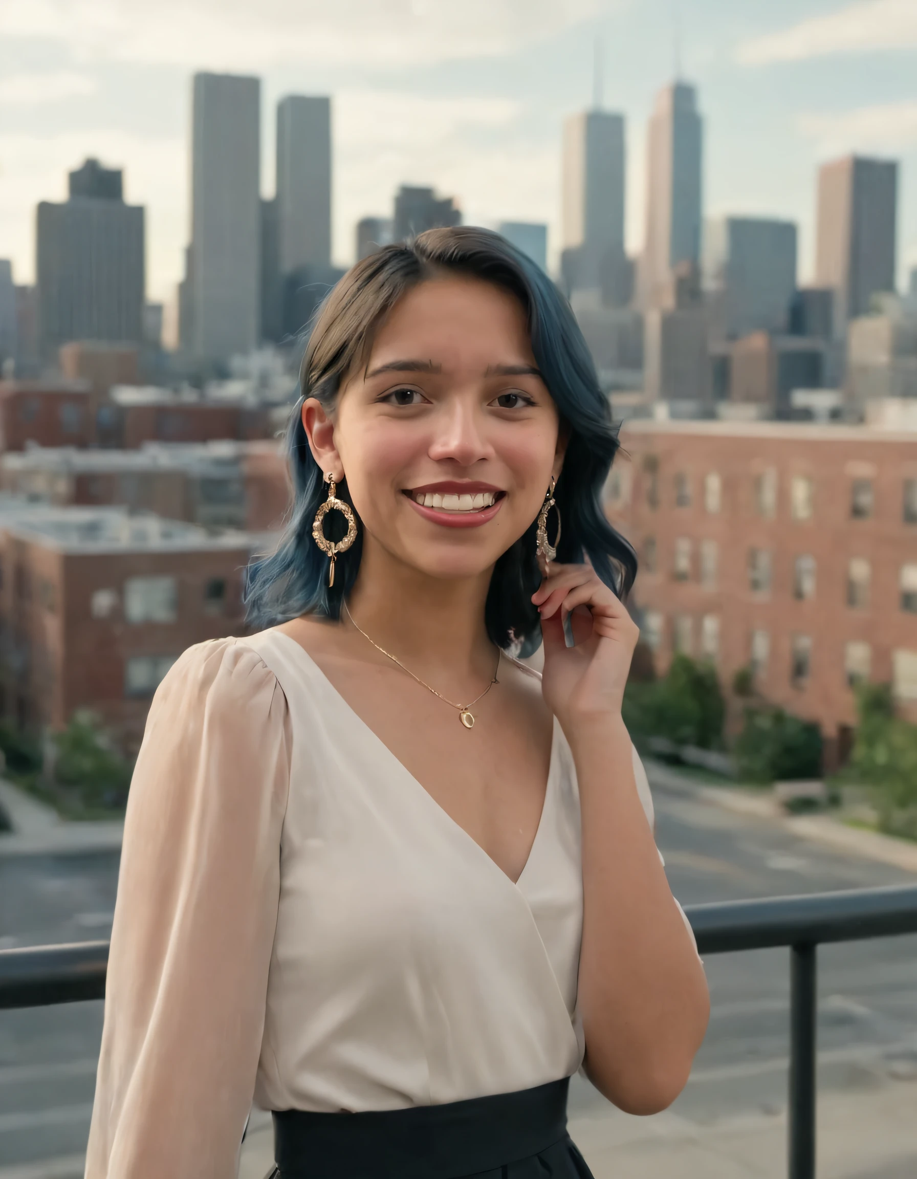 In this scene, Ally Purugganan, the young woman dressed in a chic outfit, stands alone against the breathtaking backdrop of an urban landscape, sporting her signature smile as she gazes into the camera lens while accessorizing elegantly with striking earrings. <lora:qhvjiw18e853820abtb2:1>