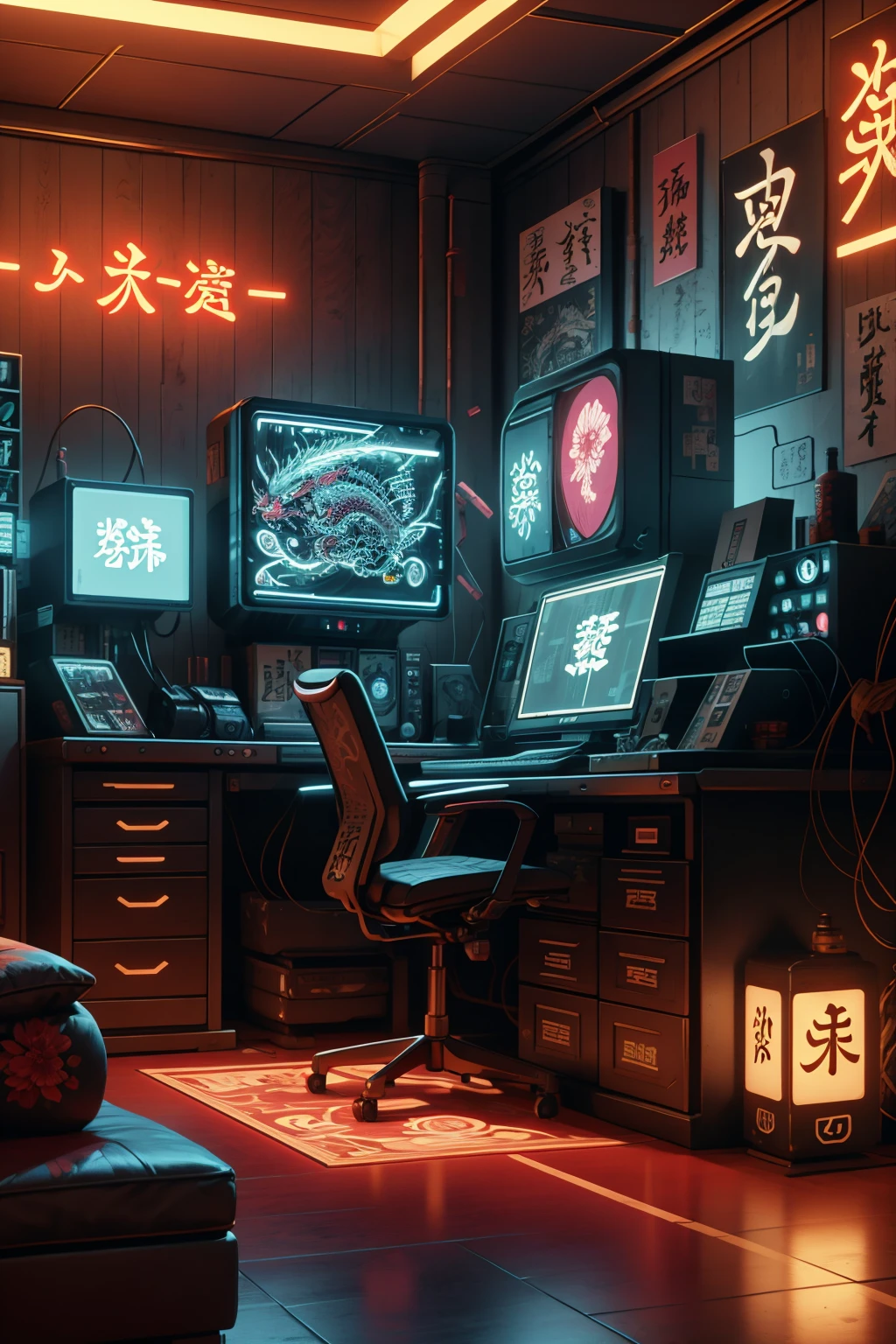 masterpiece, best quality, <lora:EPIrezumiWorld-04:1> , EPIrezumiWorld, cyberpunk, scifi, living room, neon lights,