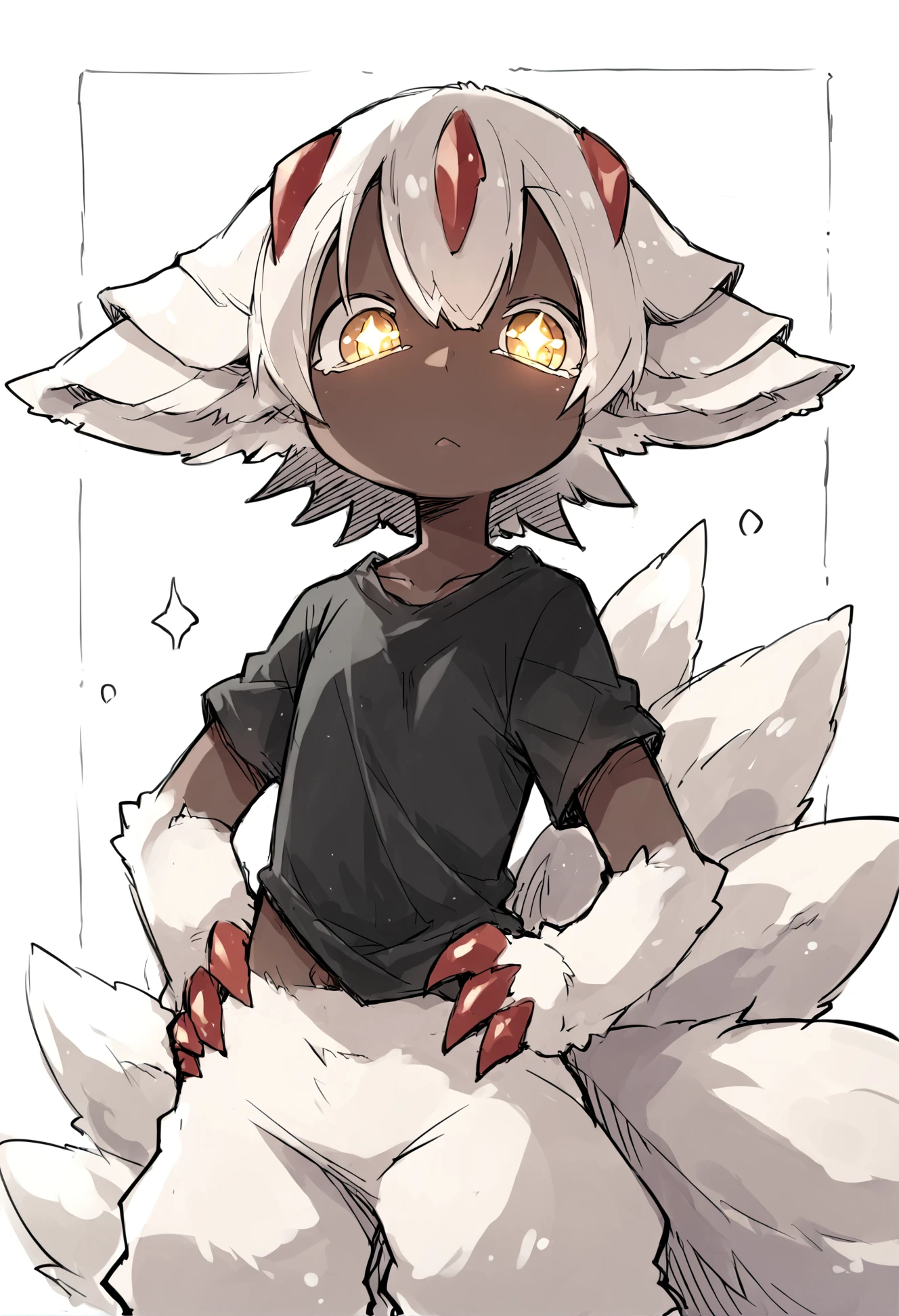 (score_9, score_8_up), score_7_up, score_6_up, score_5_up, score_4_up, Faputa, 1girl, dark skin, dark-skinned girl, white hair, short hair, 4arms, red claws, multiple tails, yellow eyes, white fur, animal ears, ((black shirt)), crossed arms, hands on hips, standing, bottomless, sparkling eyes, white background, <lora:Faputa_XL_Pony_Revision:1> <lora:nomeoil:1> sketch