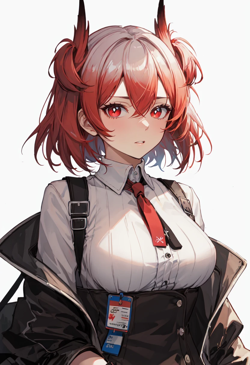 best quality, masterpiece, highres, solo, (fiammetta_arknights:1.10), 1girl, black jacket, collared shirt, id card, looking at viewer, open jacket, red necktie, white background, white shirt, black skirt, high-waist skirt, simple background, upper body, medium breasts, off shoulder, parted lips, closed mouth, 1 <lora:fiammetta_arknights:0.80>