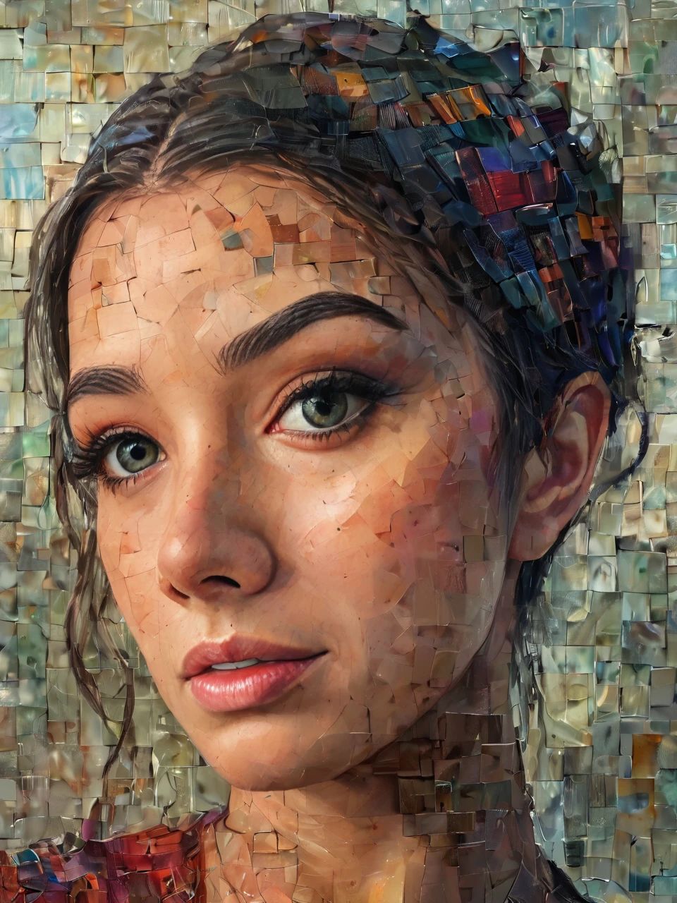 <lora:MissMikkaaSDXL1.0-000021:1.2> Mikkaa, woman,
concept art mosaic, a young woman, close-up of face, wearing a multicolored shirt, <lora:ArtfullyMOSAIC_SDXL_V1:.75> digital artwork, illustrative, painterly, matte painting, highly detailed