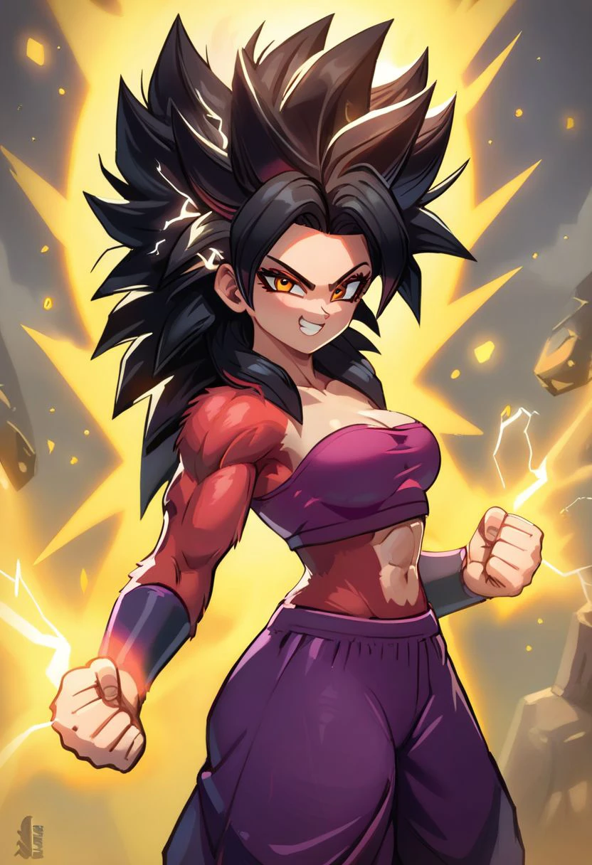 score_9, score_8_up, score_8, cute, curvy, 
 Super_Saiyan_4_Caulifla,  1girl,  crop top,  long black hair,  body fur,  red fur, 
baggy pants, 
Aura, energy, glowing, swirling energy, side view, 
electricity, aura, smile, smug, clenched_fist, looking at viewer, cowboy shot,  glowing, aura, energy, beam, flying debris, serious, floating hair,