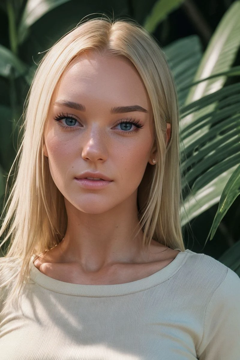 closeup headshot of S366_NicoleKopchak,a beautiful woman,in a (jungle:1.1),wearing a (boatneck-shirt:1.1),(4k, RAW photo, best quality, 35mm, depth of field, ultra high res:1.1),(intricate, photorealistic, cinematic-shot, masterpiece, ultra-detailed:1.1),