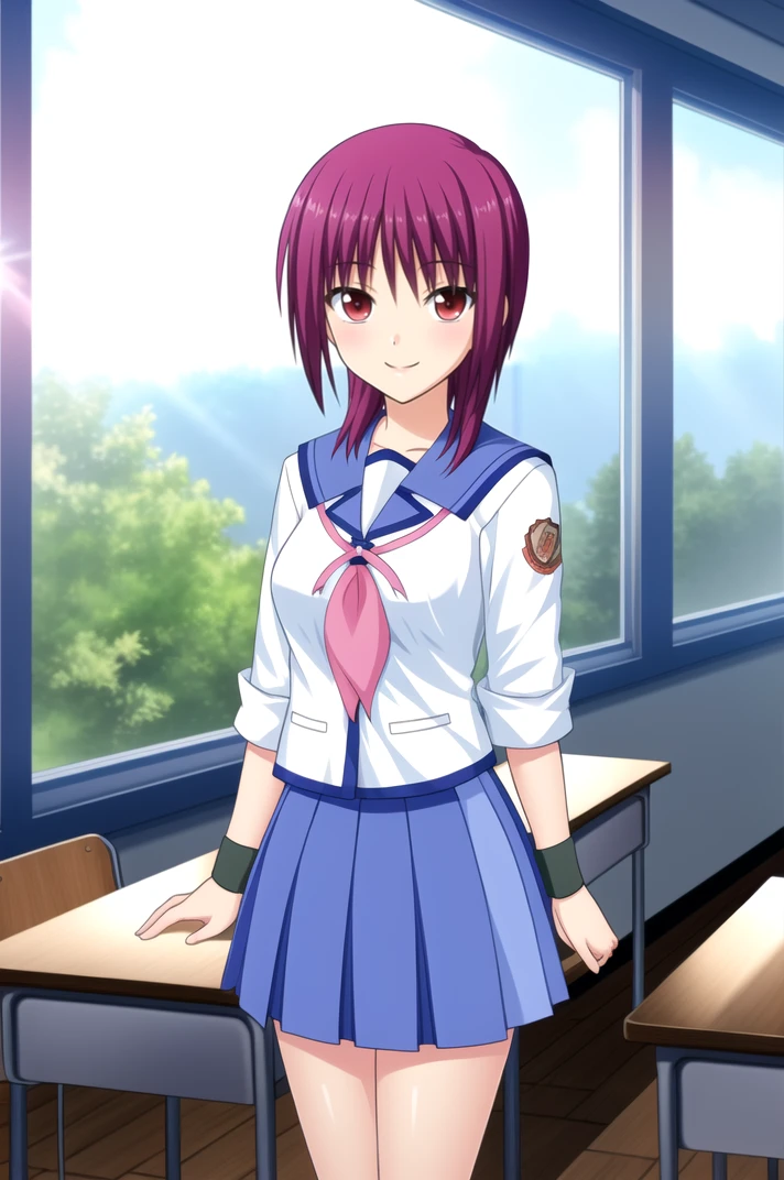 masterpiece, high quality, highres, 1girl, solo,
<lora:AngelBeats_Iwasawa-v1-07:0.65>, ChopioIwasawa, short hair, purple hair, red eyes, (looking at viewer:1.3),
mature female, medium breasts,
outfit_1, serafuku, blue sailor collar, white shirt, pink neckerchief, sleeves rolled up, wristband, blue skirt, pleated skirt,
classroom, chair, desk, chalkboard, window, sunlight,
standing, smile,