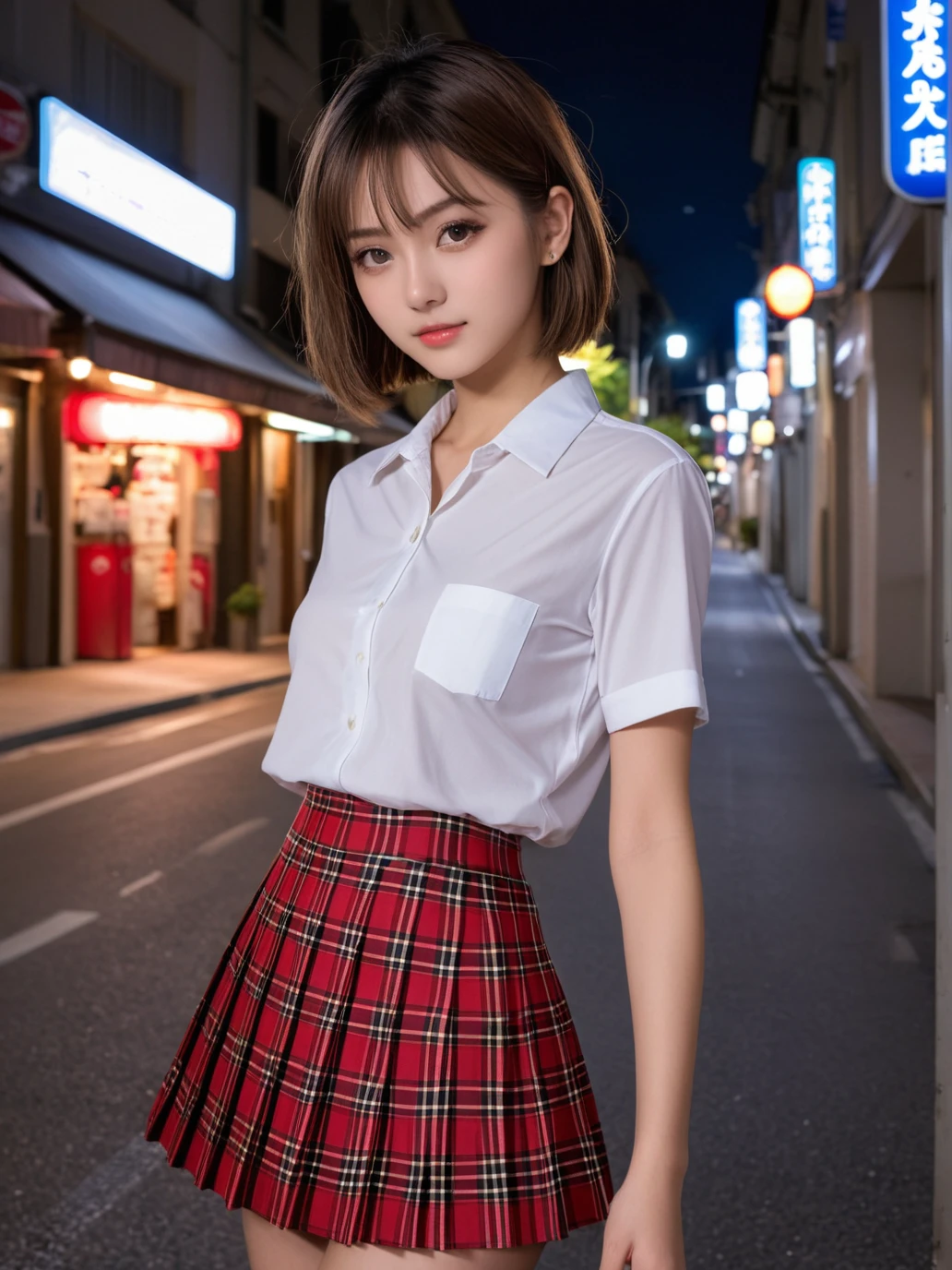 18 y.o slender france|japanese girl,(highly clear face,very cute,Extremely cure beauty,Sexy self-confidence,proud and independent,Clear perfect eyes,phenomenal aesthetic,Amazing photos),Cinematic Lighting,narrow_waist,slender face,skinny,street at night,red plaid pleated skirt,short hair,sexy white shirt,