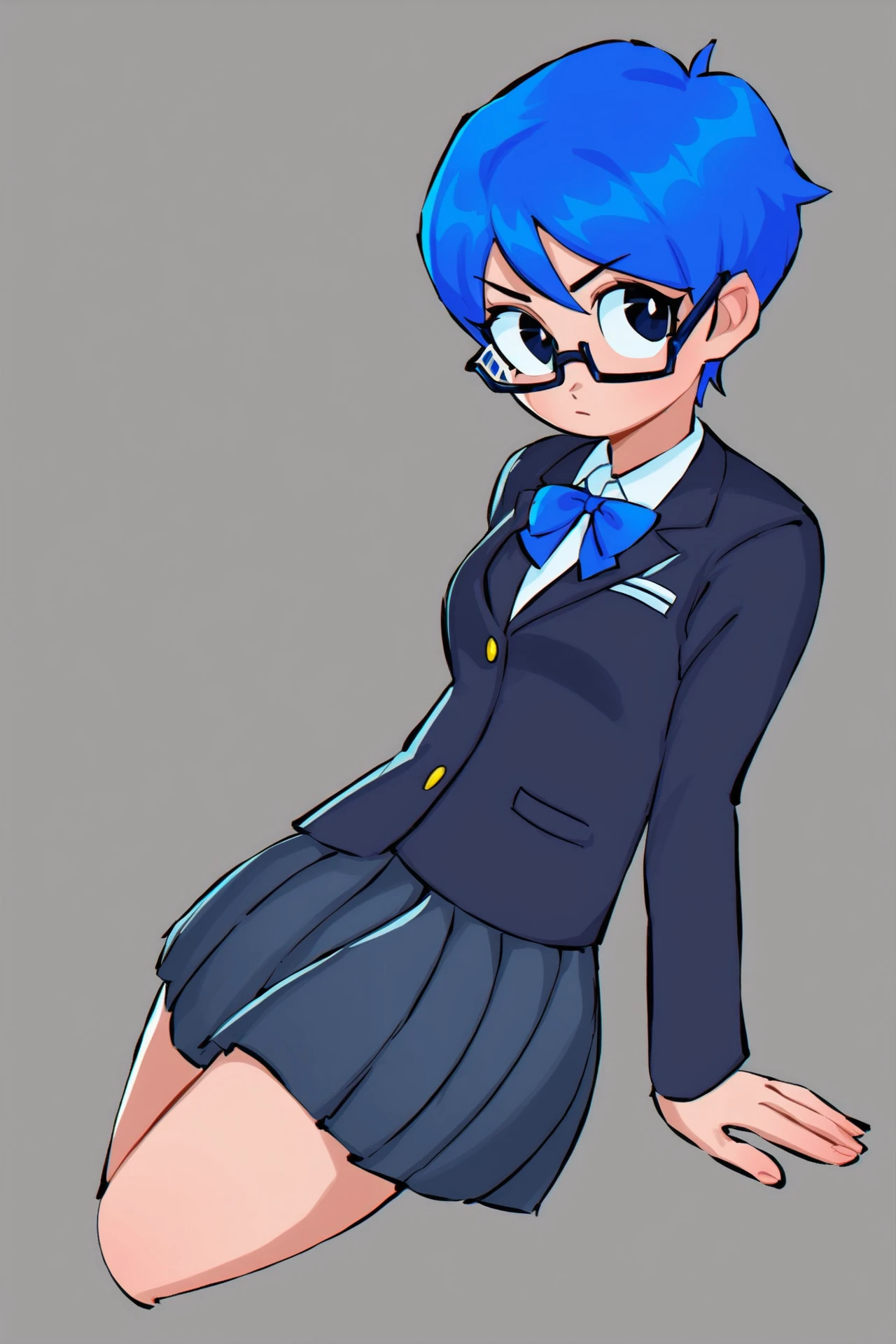 simple background, 1girl, solo, short hair, blue hair, school uniform, glasses, <lora:qqqewie:1>