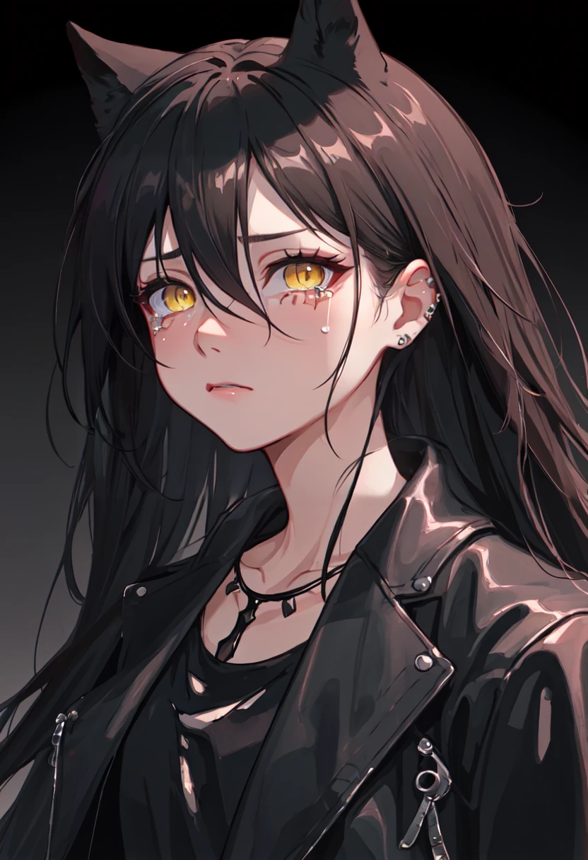 best quality, masterpiece, highres, solo, (dagda_arknights:1.10), 1girl, black jacket, black shirt, looking at viewer, upper body, simple background, slit pupils, white background, black choker, jewelry, open jacket, piercing, closed mouth, collarbone, mole, open mouth, 2 <lora:dagda_arknights:0.80>