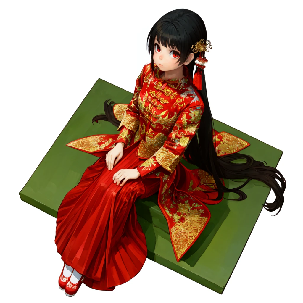 masterpiece, watercolor, Impasto,
JIAYI55, JYAYIQS25, fisting, from above,
1girl, solo, chinese clothes, red mary janes, red dress, long dress,
black hair,very long hair, hair ornament,
sitting, (full body),
two-tone background, ((simple background)),