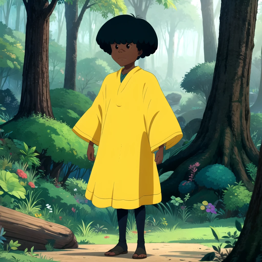 1boy, solo, Tao, black hair,  black eyes, dark skin, dark-skinned male,  afro, yellow robe poncho,<lora:Tao_CityOfGold_Leaf1:0.8>, full body, forest,