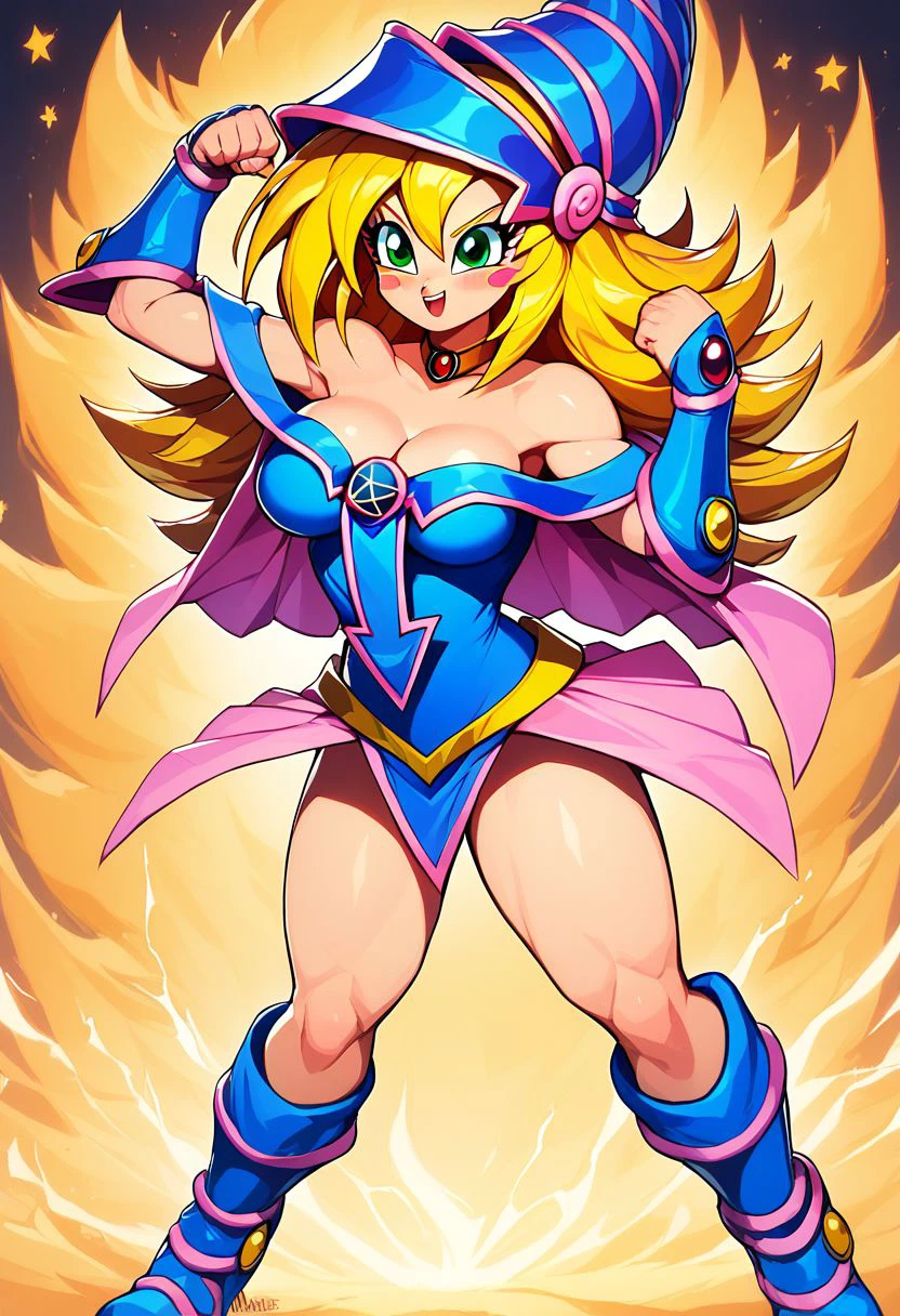 score_9, score_8_up, score_8, medium breasts, (curvy), cute, eyelashes, 
Aura, energy, glowing, swirling energy, dynamic pose, standing, super saiyan, clenched fists, flexing, 
dark magician girl, blonde hair, choker, green eyes, long hair, blush, blush stickers,
bare shoulders, blue footwear, blush, blush stickers, cleavage, collarbone, duel monster, hat, off shoulder, pentacle, wizard hat,