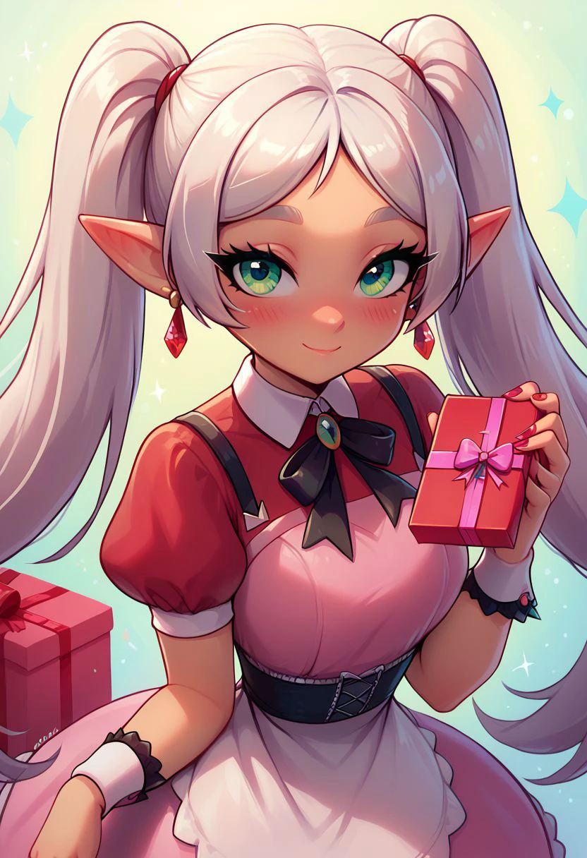 score_9, score_8_up, score_8, cute, eyelashes, 
 long hair, white hair, twintails, pointy ears, earrings, green eyes, thick eyebrows, smile, blush, nereirfpnxl, blush, box, closed mouth, dress, earrings, eyelashes, game freak, gift, gift box, holding, holding gift, jewelry, looking at viewer, nail polish, nintendo, pink dress, red shirt, shirt, short sleeves, waist apron, wrist cuffs