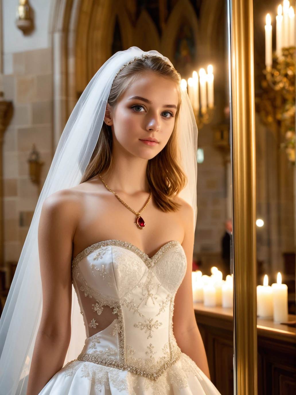 18 y.o slender france girl,(highly clear face,very cute,Extremely cure beauty,Sexy self-confidence,proud and independent,Clear perfect eyes,phenomenal aesthetic,Amazing photos),close-up,cinematic_angle,Cinematic Lighting,golden moment,skirt,strapless skirt sexy wedding dress,(mirror wall brilliant church interior, candlelight, fractal image:1.1),narrow_waist,slender face,ruby necklace,veil,