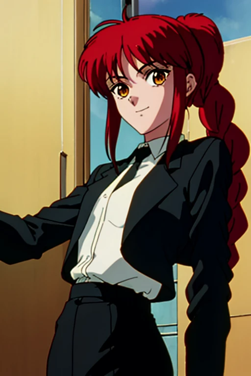 masterpiece, best quality, still, 1girl, <lora:chainsaw makima s1-lora-nochekaiser:0.65>, makima, long hair, smile, bangs, (small breasts:1.2), (yellow eyes:1.2), braid, red hair, braided ponytail, ringed eyes, shirt, long sleeves, jacket, white shirt, necktie, collared shirt, pants, black jacket, black pants, formal, suit, black necktie, shirt tucked in, office lady, solo, looking at viewer, upper body, , anime coloring, , dieselpunk, 4k resolution, <lora:yu_yu_hakusho_style:0.88>, yu_yu_hakusho_style