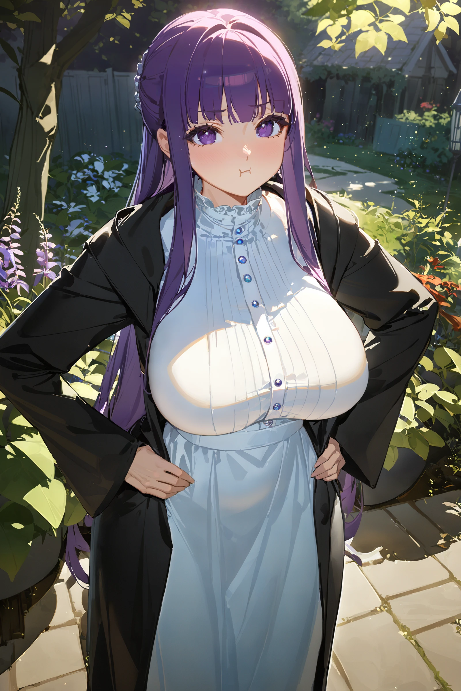masterpiece, best quality, very aesthetic, ray tracing, newest,(hitenkei, askzy:0.5), 1girl, fern \(sousou no frieren\), solo, black coat, long white dress, black boots, full body, standing, looking at viewer, pout, :t, hands on hips, garden, outdoors, depth of field, milf, large breasts, mature female <lora:quality1:0:hr=1>, <lora:Char-Fern-XL-V1:0.9>
